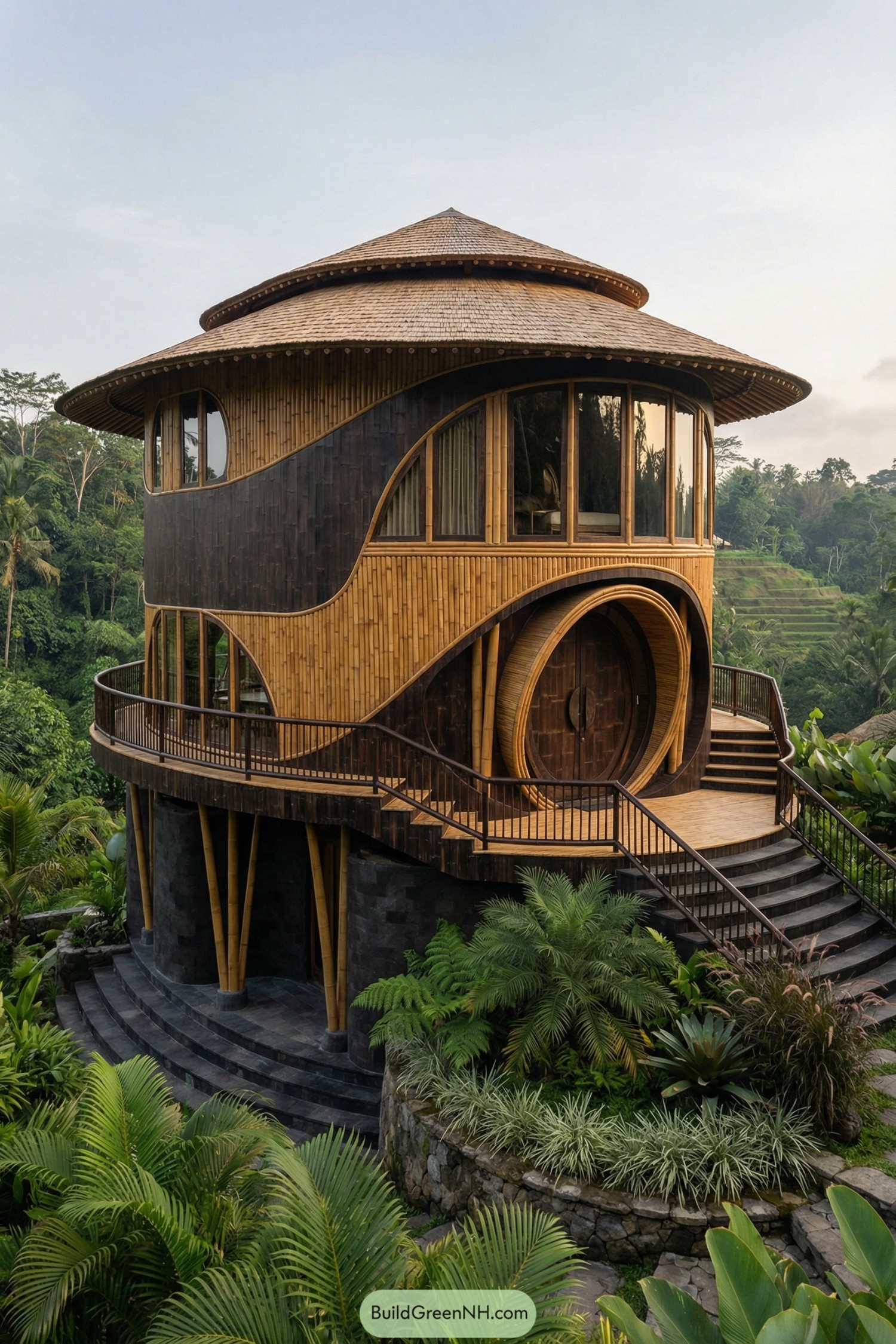 Round multi level bamboo house in lush tropical landscape