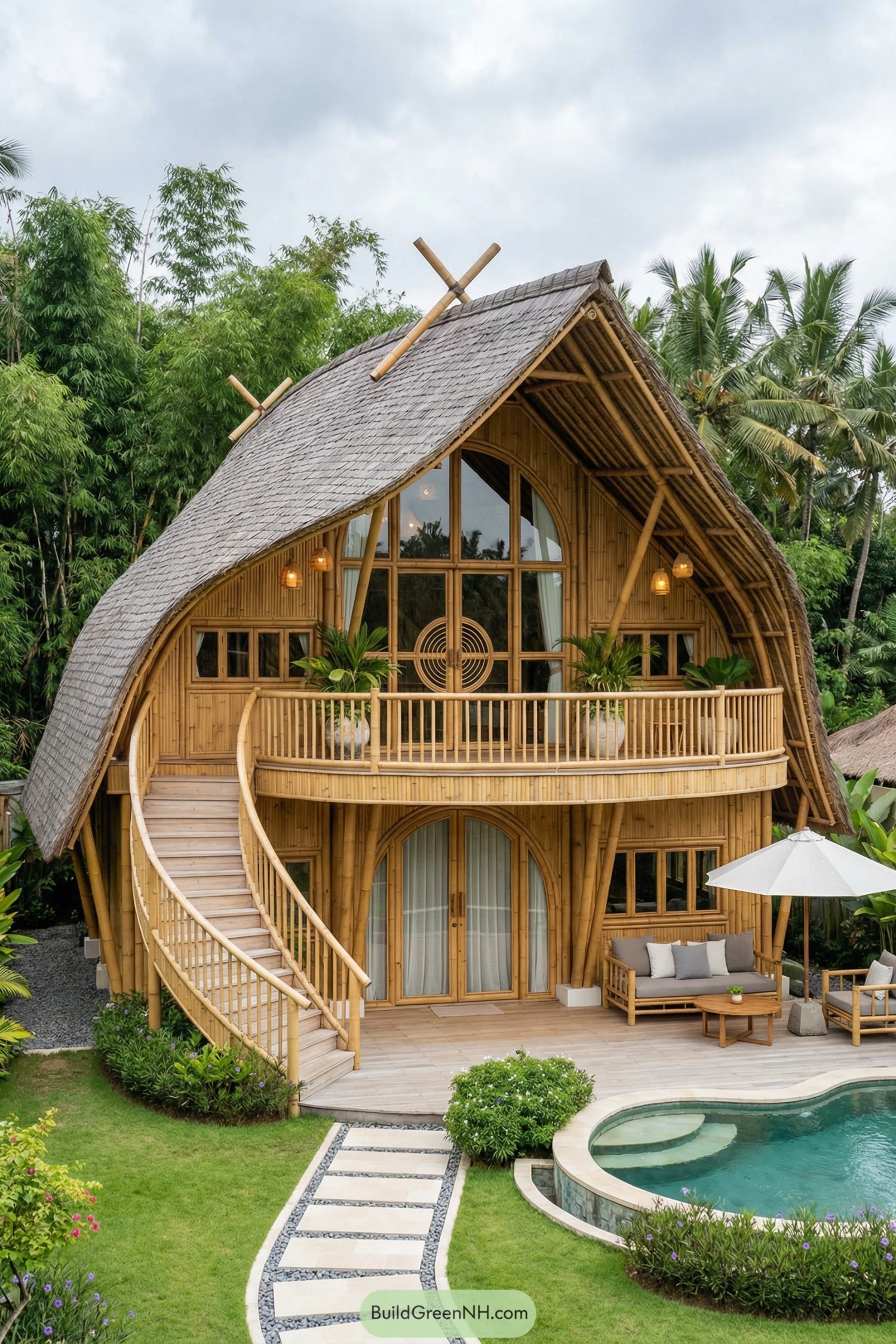 Two story bamboo villa with sweeping roof and pool terrace