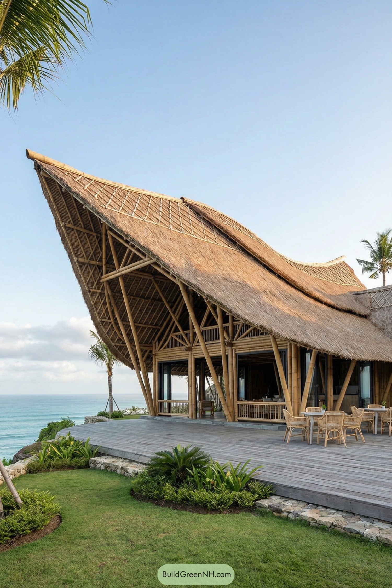Open air bamboo house with sweeping thatched roof overlooking the ocean
