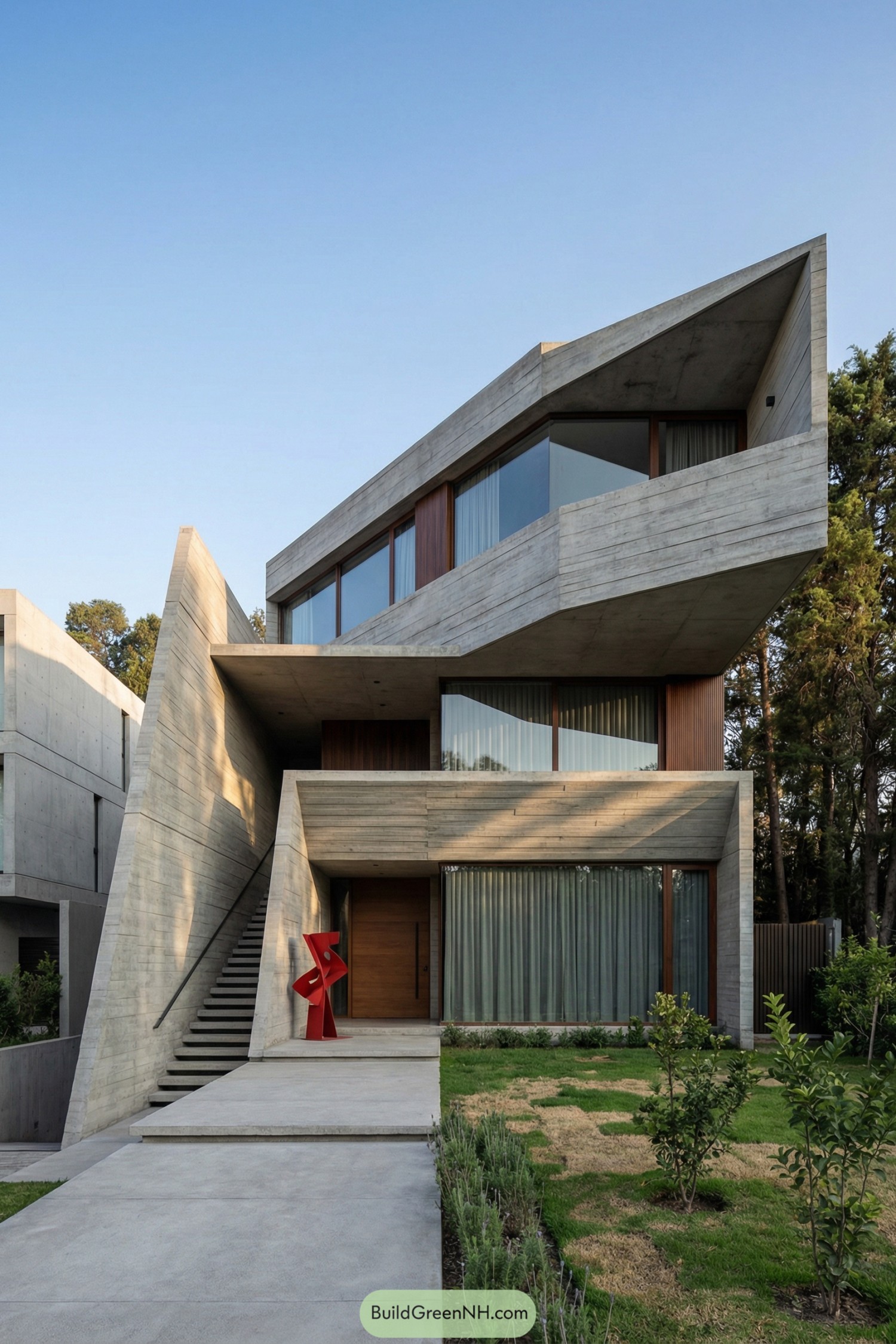 Angular multi level concrete house with garden