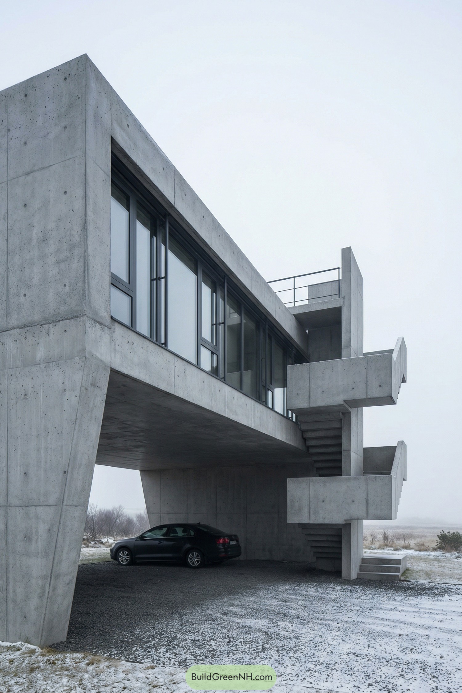 Brutalist house raised on concrete legs with external stair tower and carport beneath