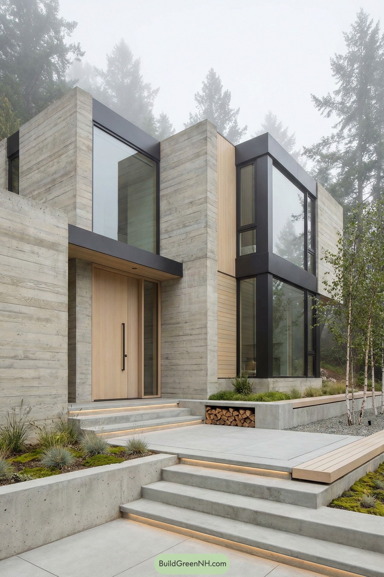 Minimalist concrete house with tall windows and wood accents in a misty forest setting