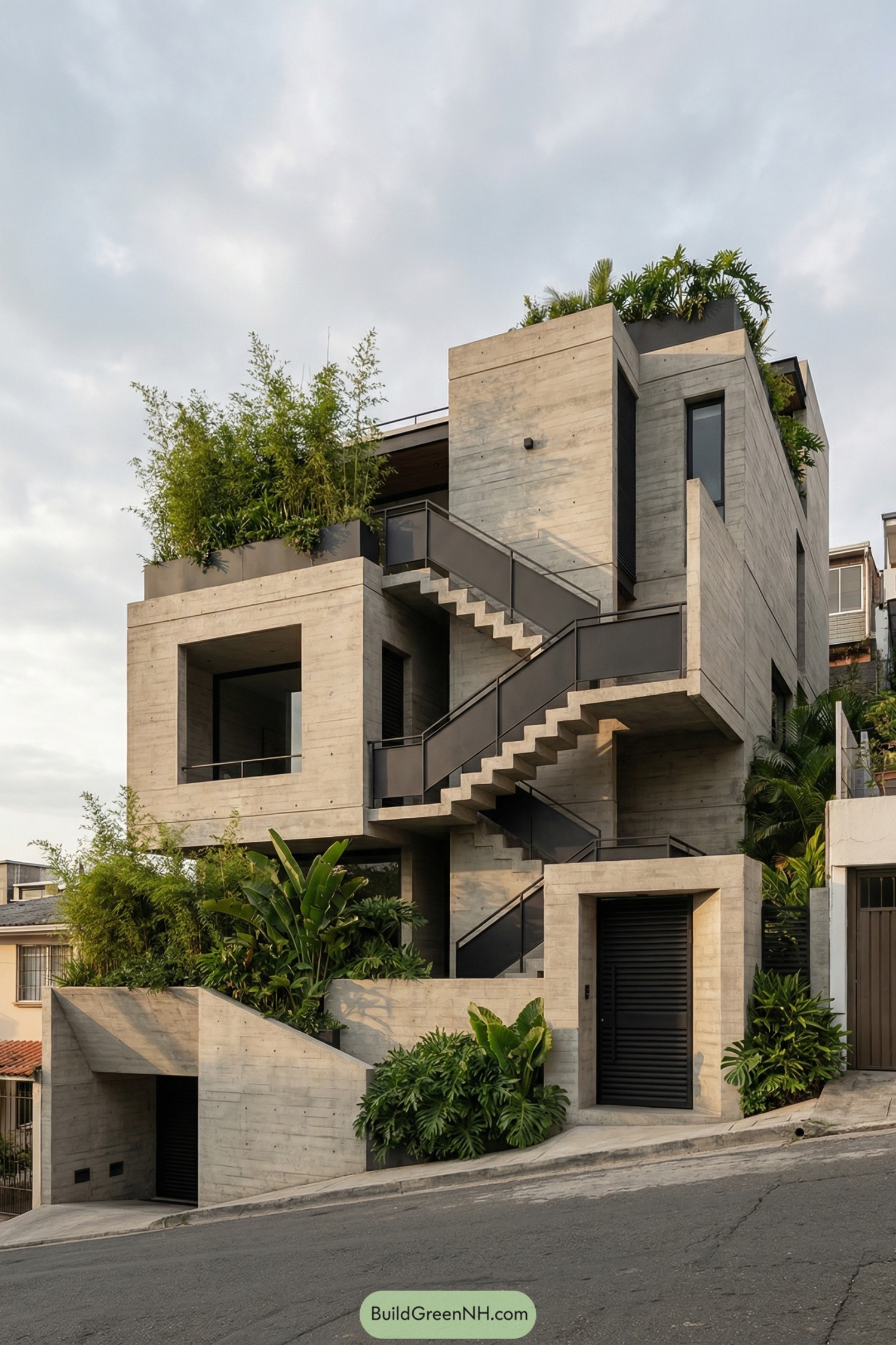 Modern multi level concrete house with exterior stairs and lush greenery