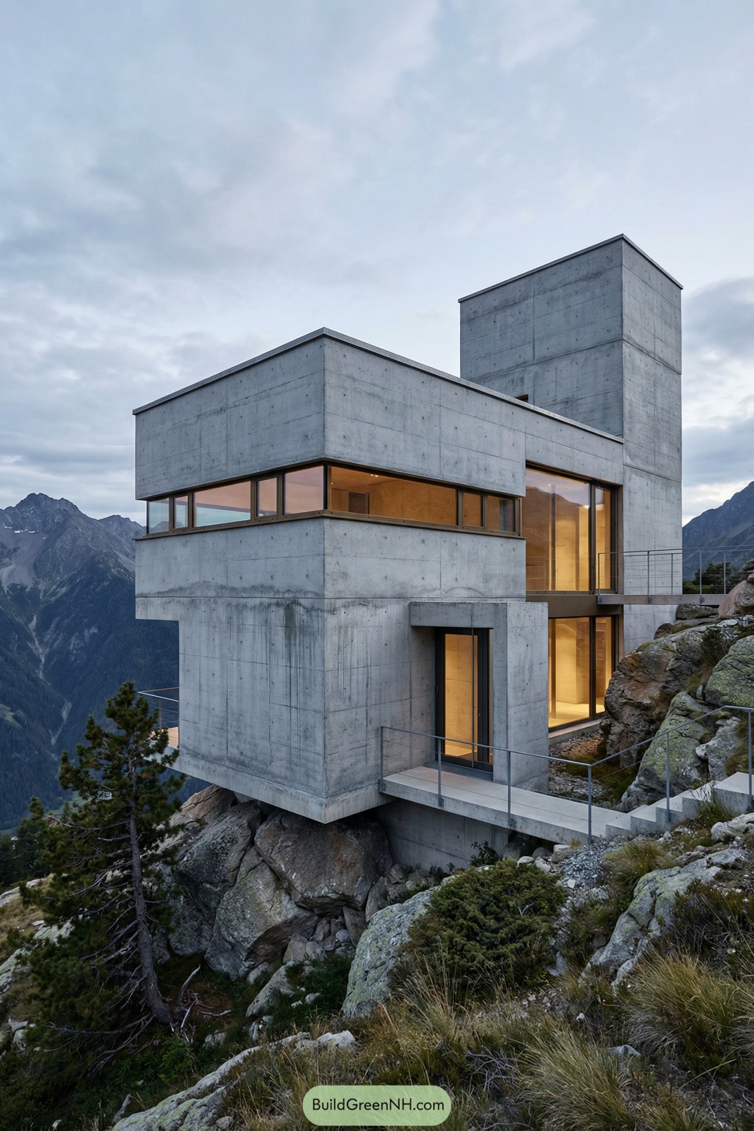 Concrete mountain house cantilevered over rocky slope