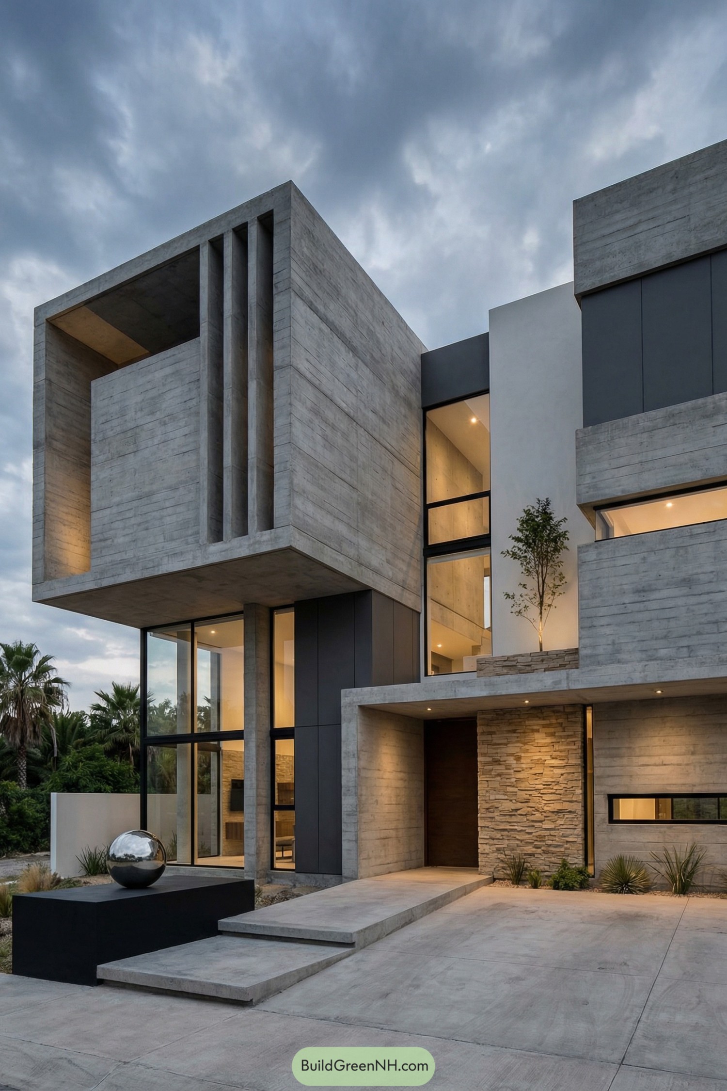 Modern brutalist house with stacked concrete volumes and large glass panels at dusk