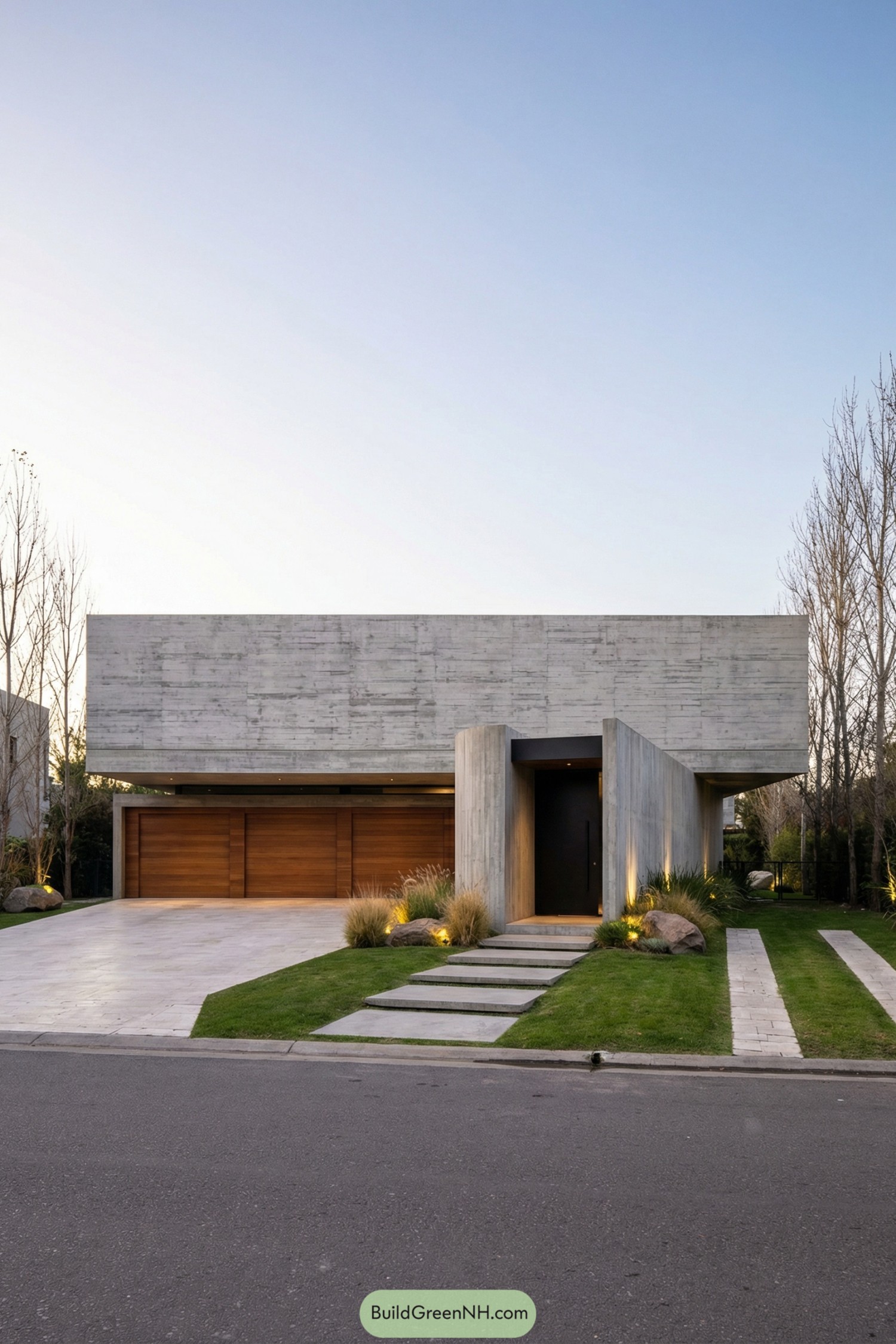 Flat roof concrete house with warm wood garage and minimalist front yard