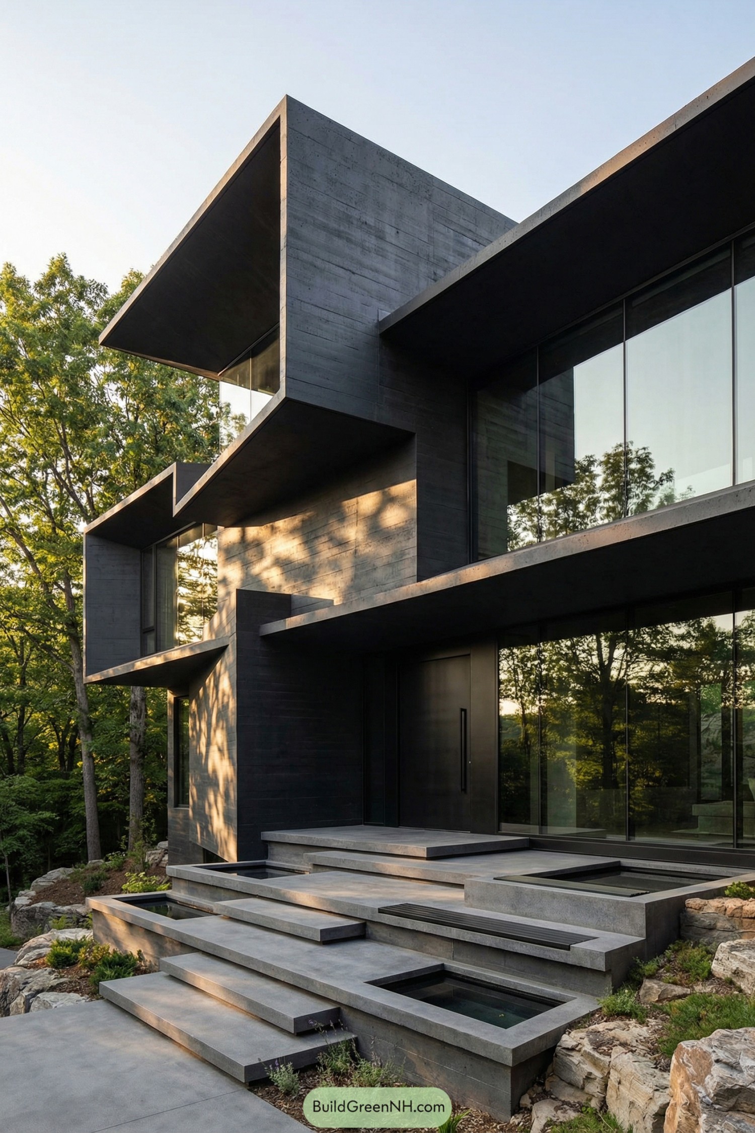 Dark tiered concrete home with deep overhangs and wide stepped entry surrounded by trees