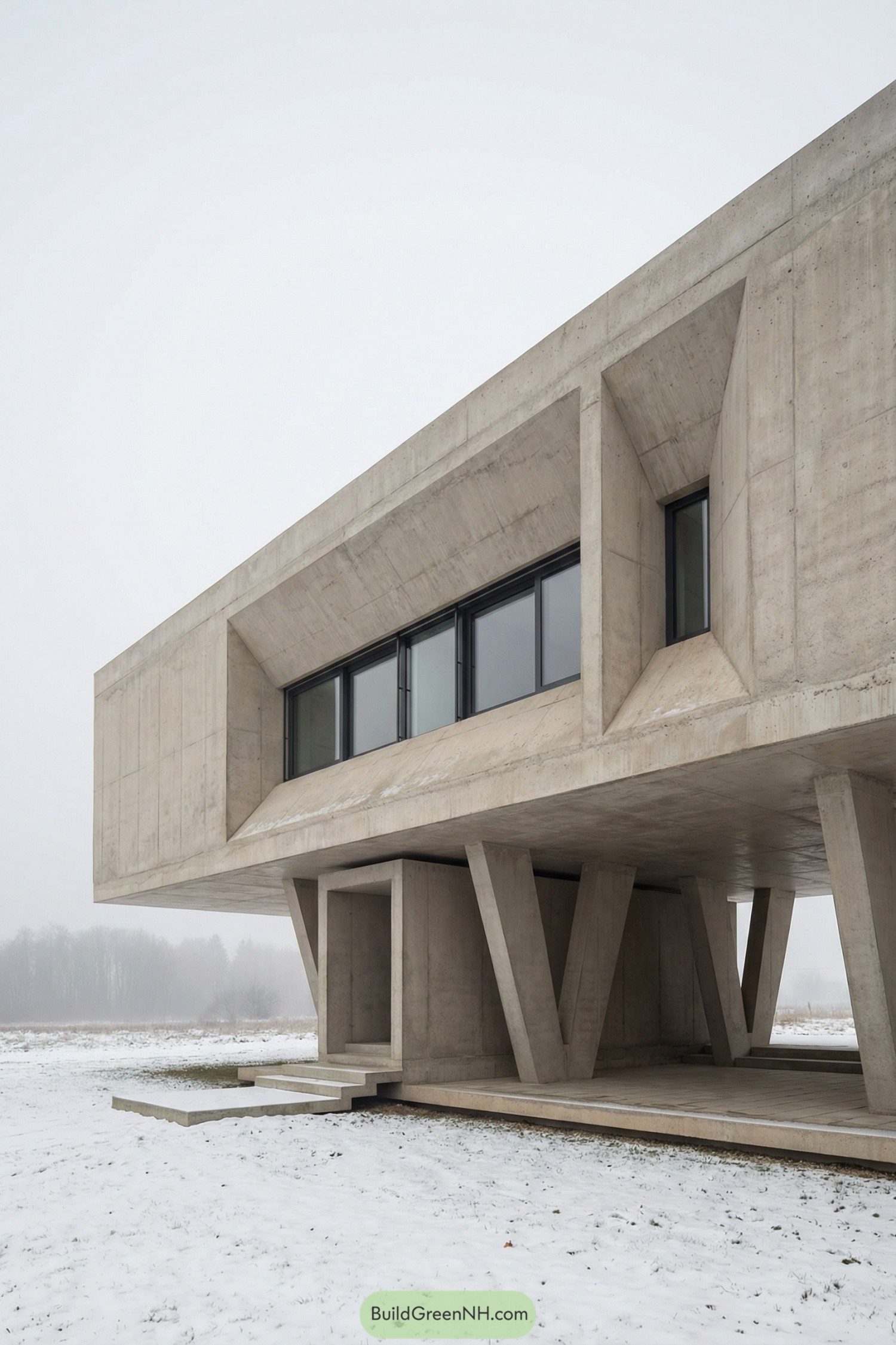 Elevated concrete home with angular supports in a snowy landscape
