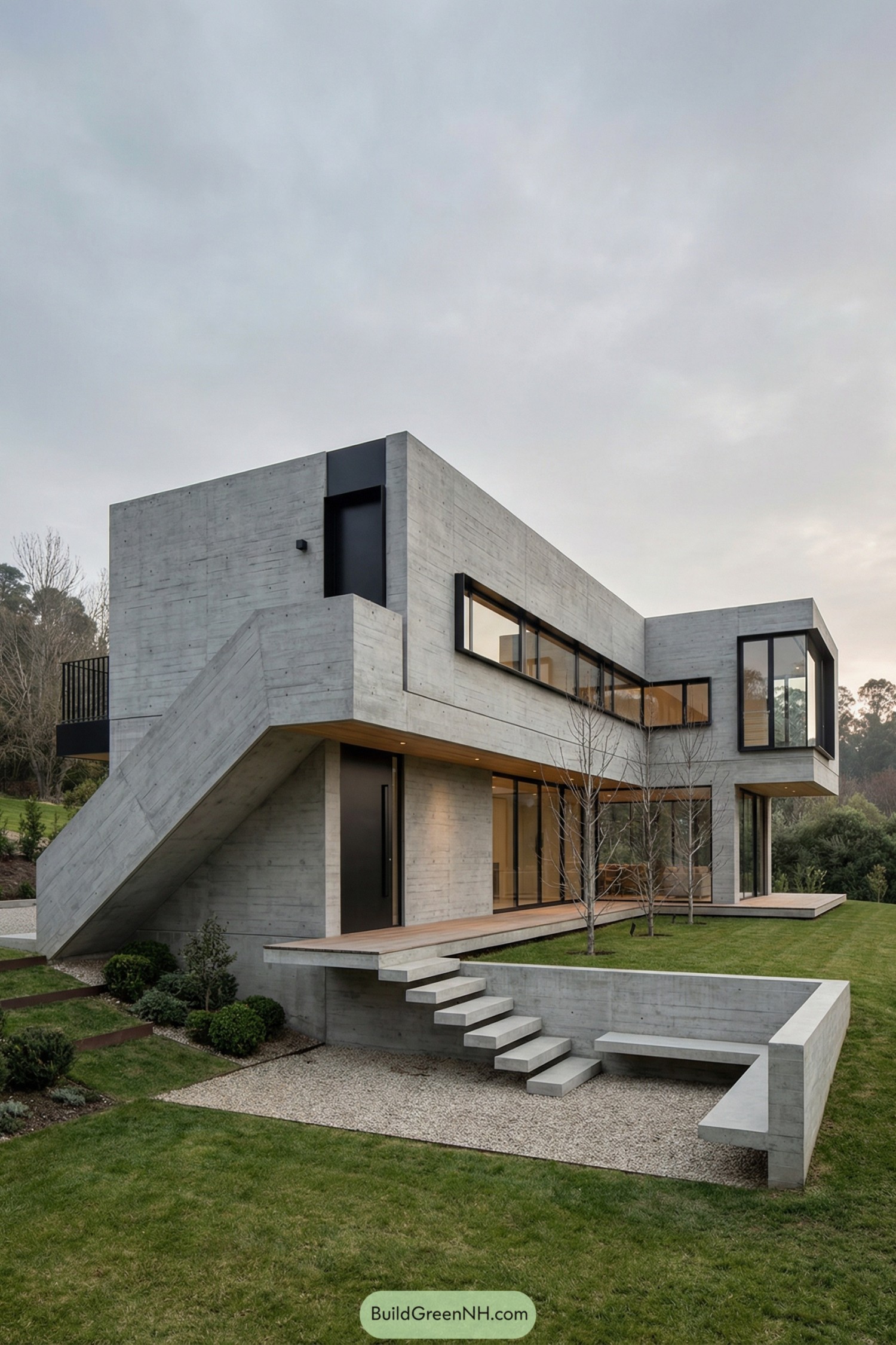 Two story modern concrete house with bold overhangs and floating stairs