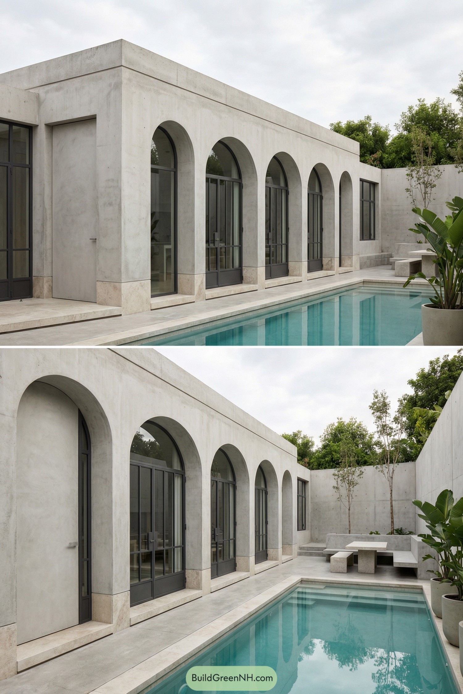 Minimalist concrete courtyard house with arched colonnade facing a slim swimming pool and built in outdoor seating