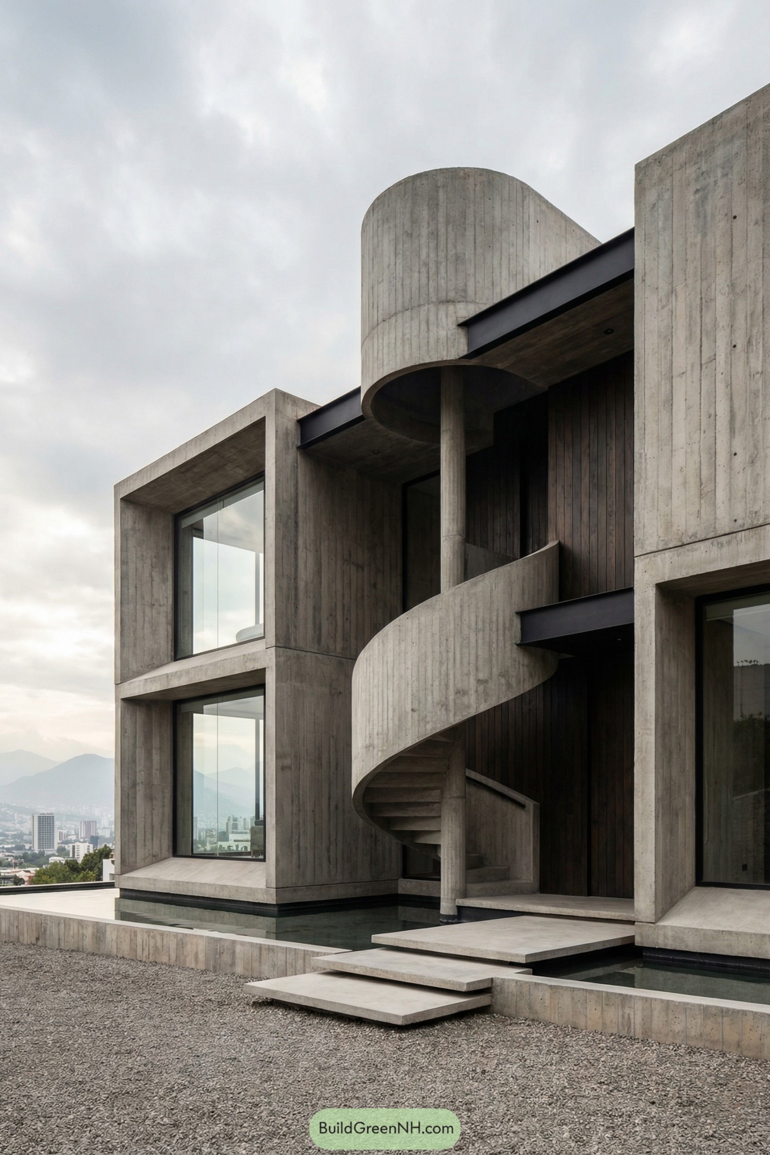 Brutalist house with exposed concrete volumes and a sculptural spiral staircase
