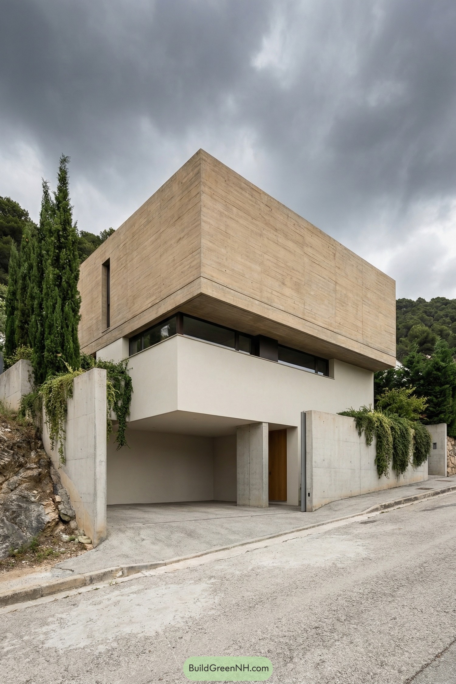 Two story brutalist style house on a sloped street with a large cantilevered concrete upper volume