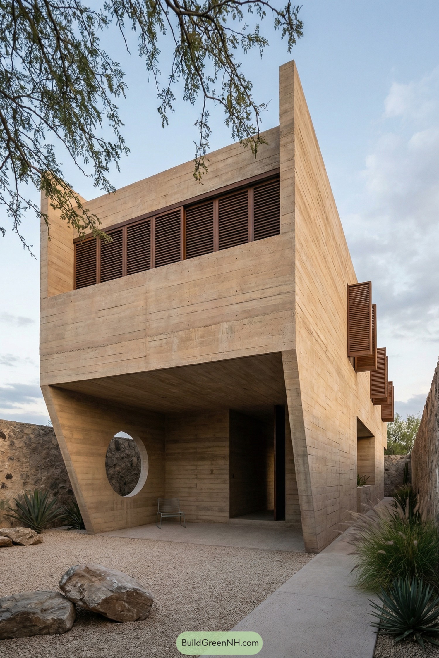 Brutalist desert house with angular concrete form and wood slatted windows
