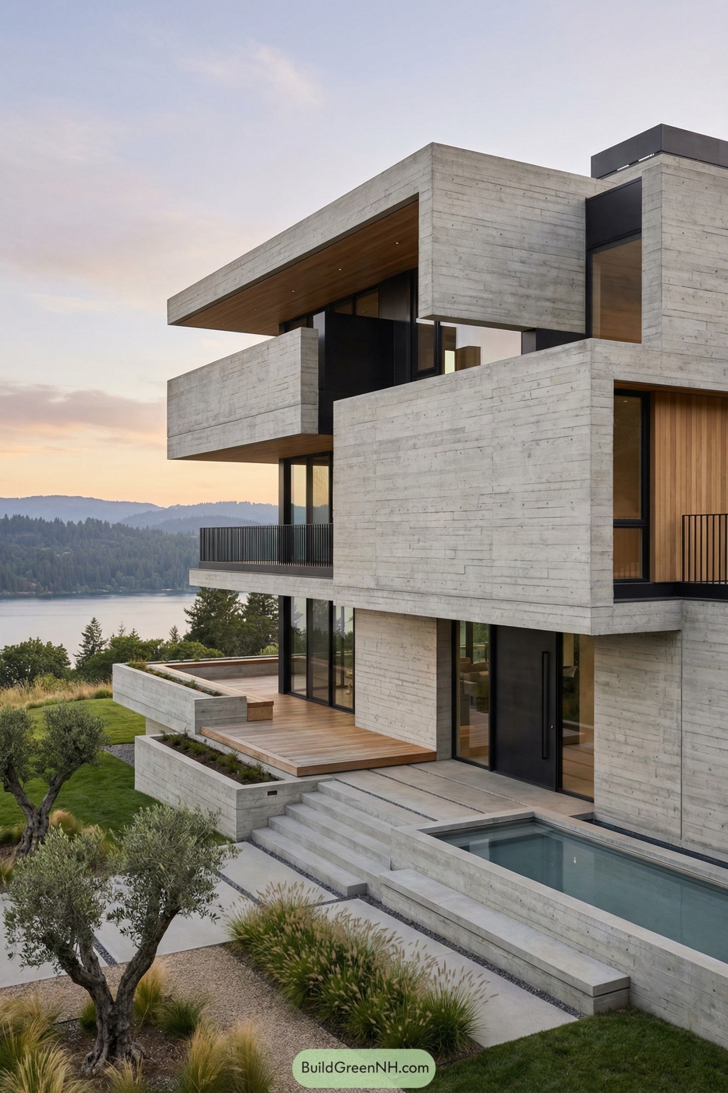Tiered concrete home with wood terraces and a narrow pool overlooking a lake