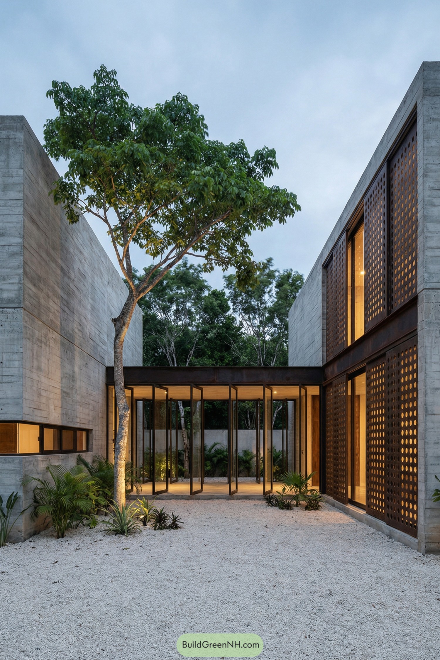Modern concrete courtyard home with central tree and perforated screens