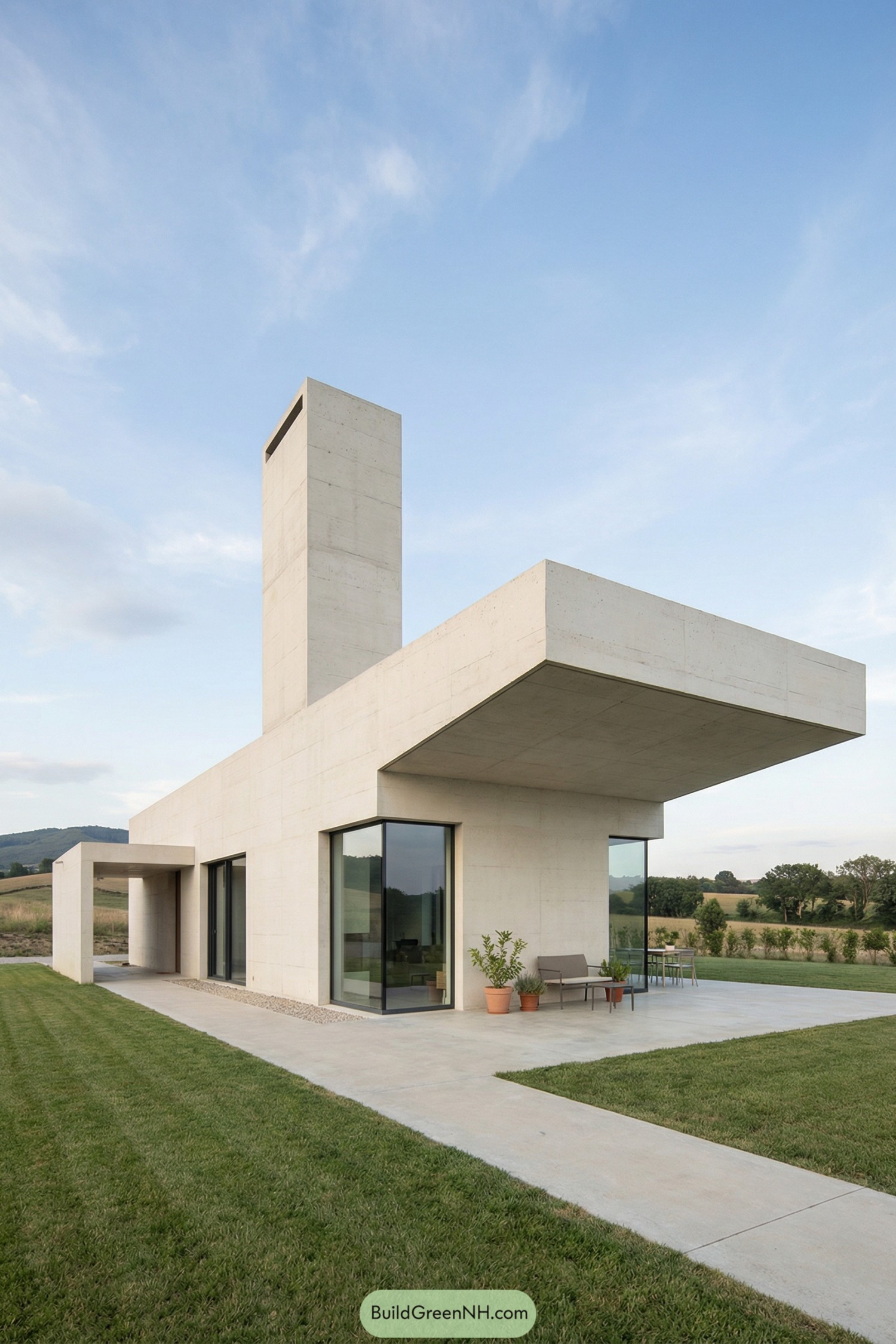 Minimalist concrete country house with bold cantilever and tall vertical tower rising over open lawns