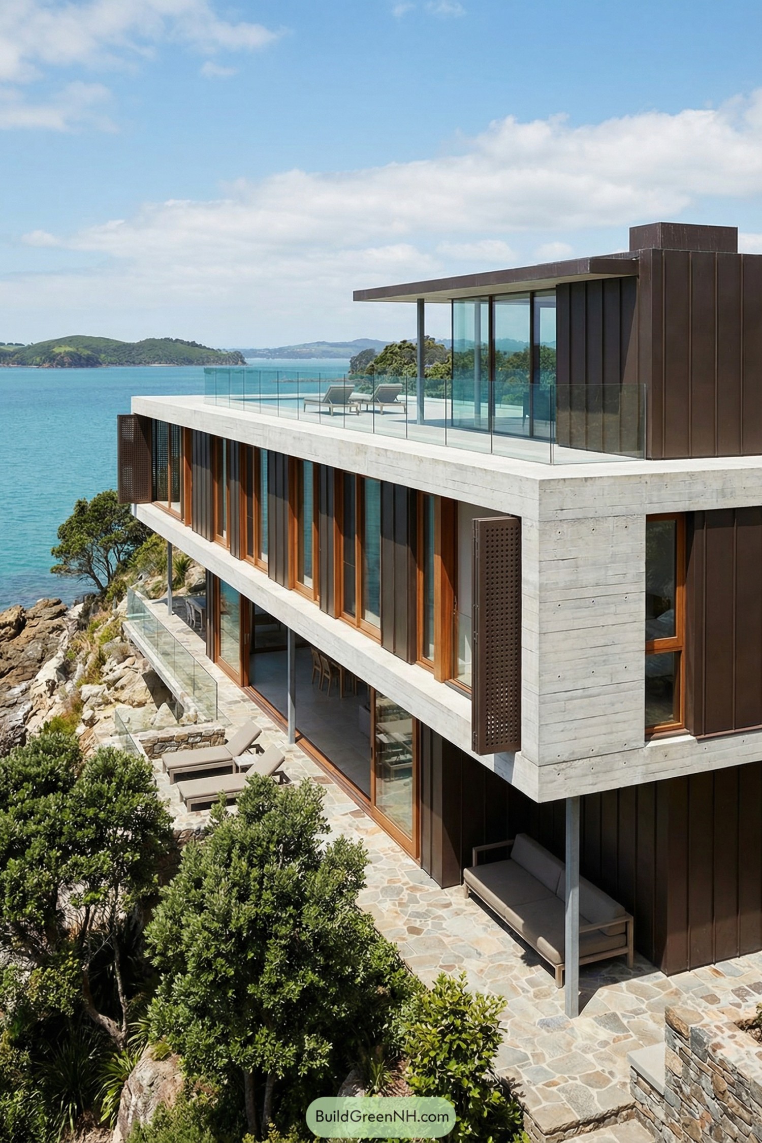 Modern concrete seaside house on rocky cliff