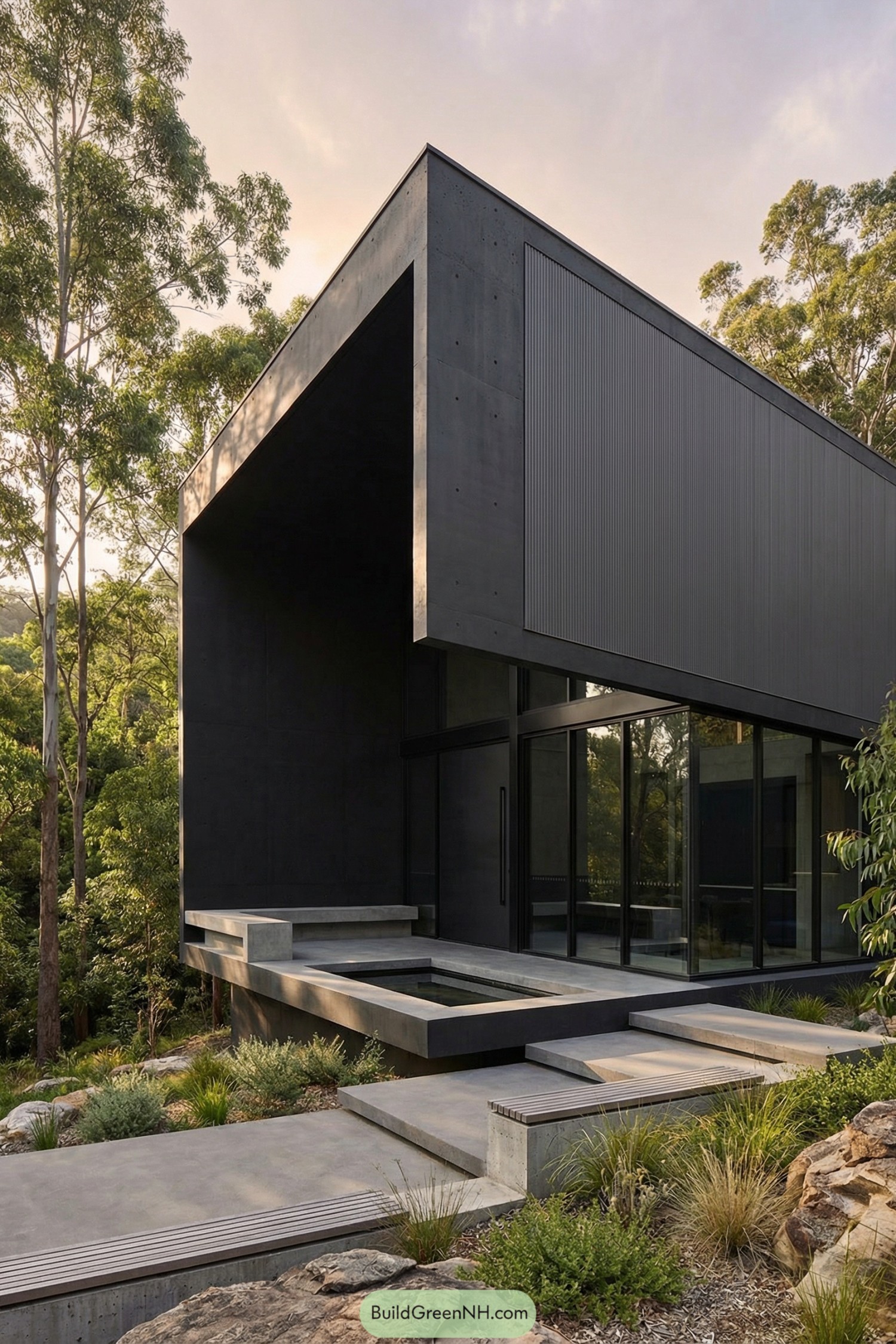 Dark geometric concrete house with glass walls in a wooded setting