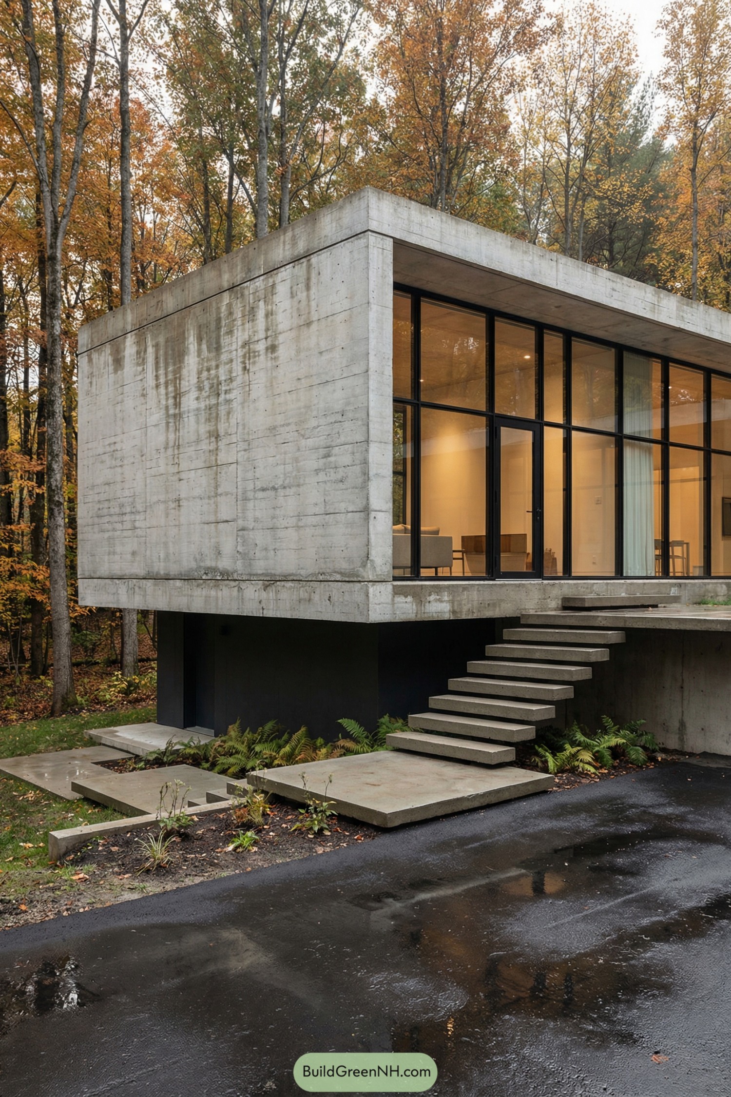 Rectangular concrete house with glass facade and floating steps in autumn forest