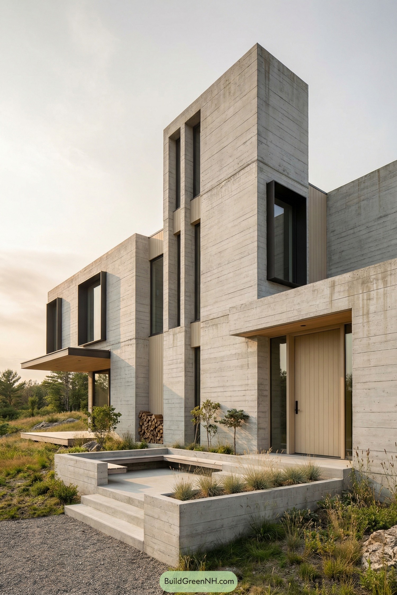 Modern brutalist home with tall board formed concrete walls large recessed windows and a sunken front courtyard