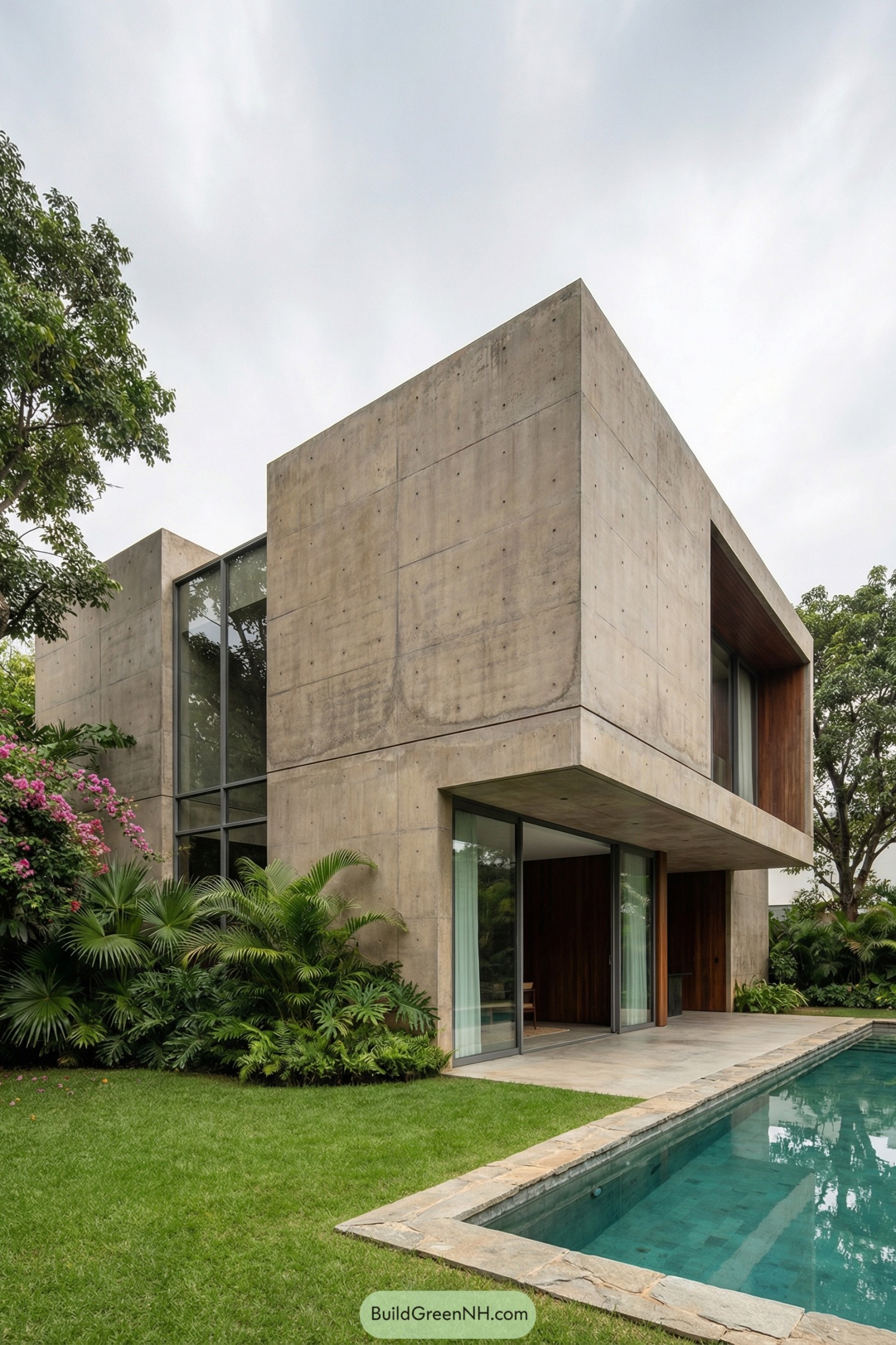 Two story concrete house with pool and tropical garden