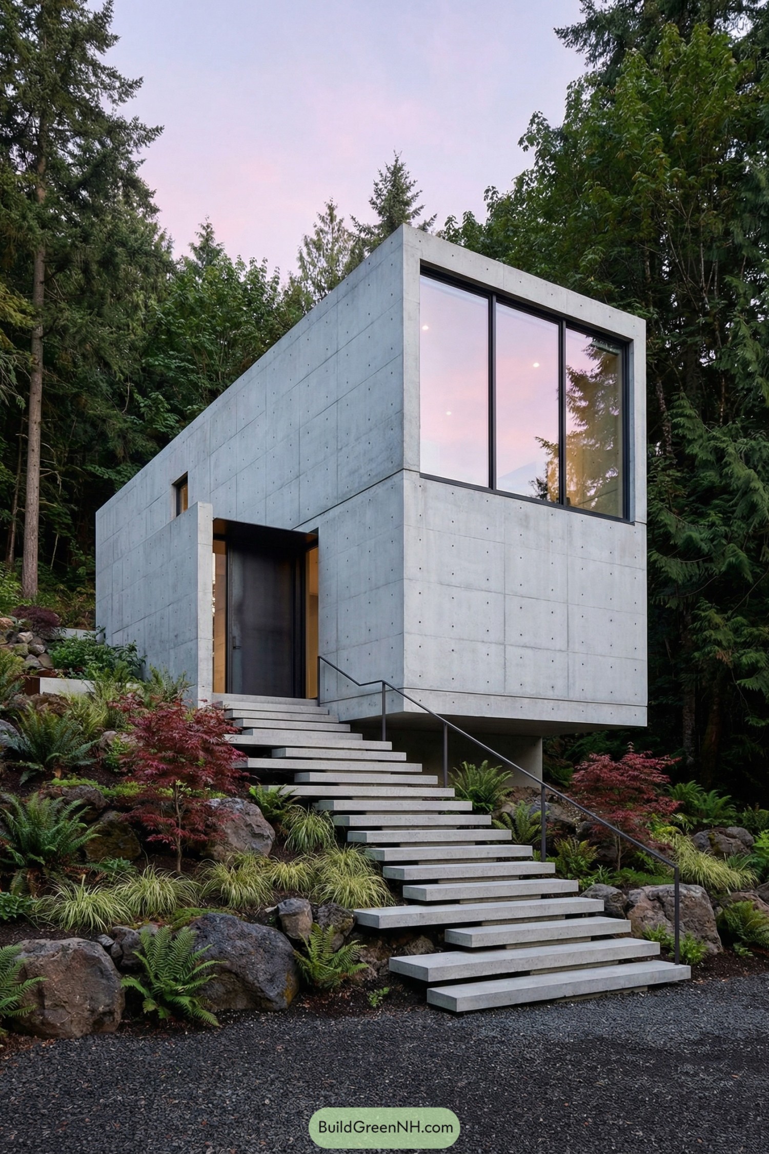 Concrete cube house with floating entry stairs surrounded by lush forest