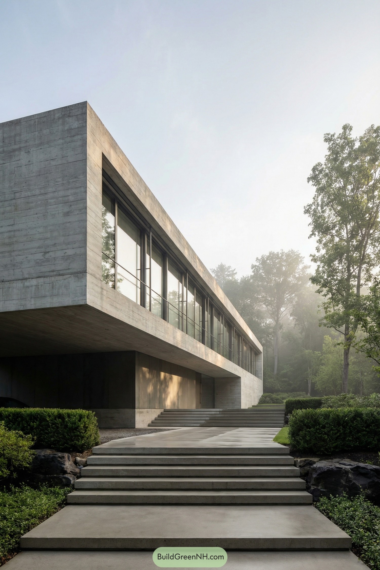 Long low concrete house with full-height glazing and broad stepped path set in a misty forest garden