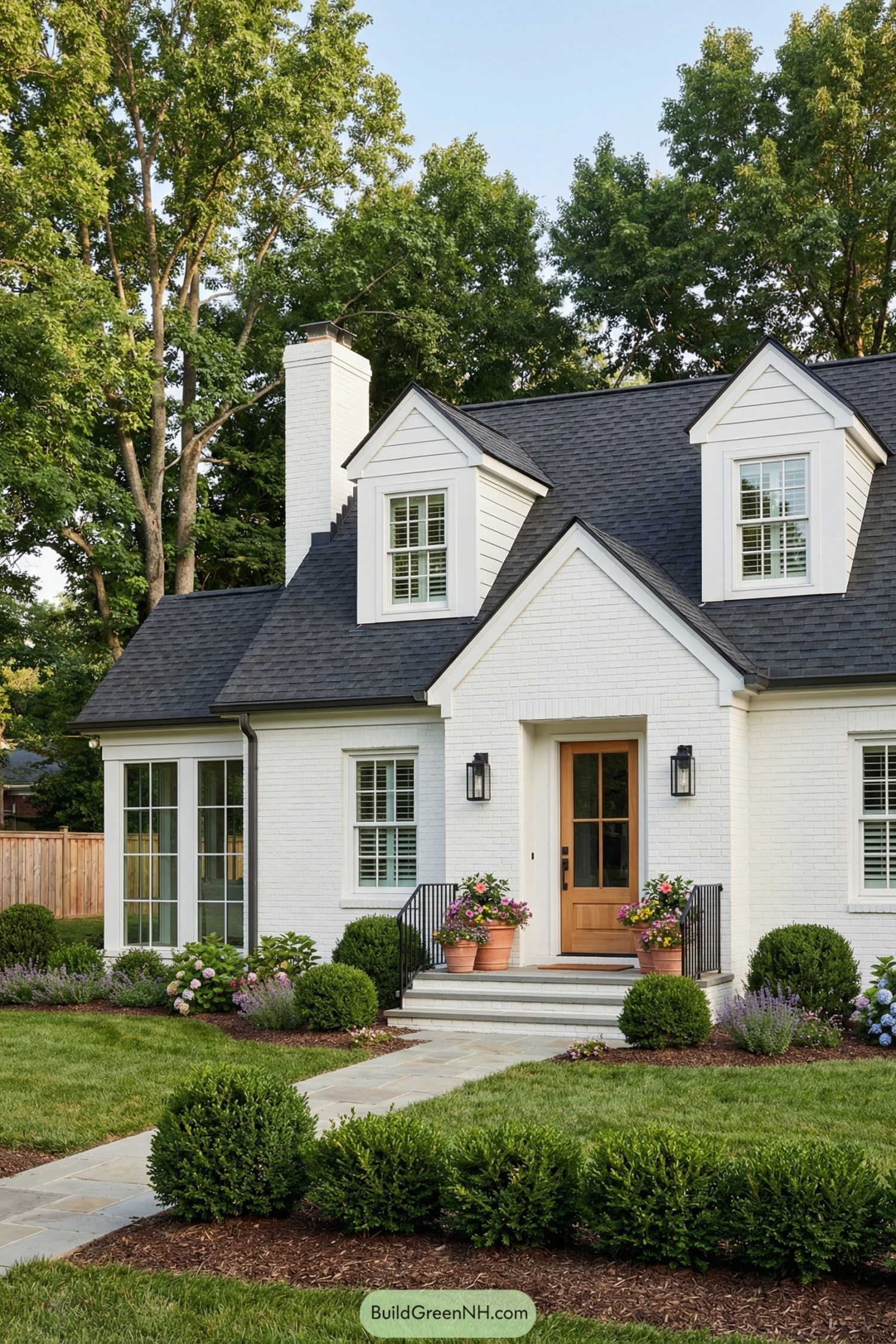 White brick cottage with dark roof, dormers, and manicured front garden