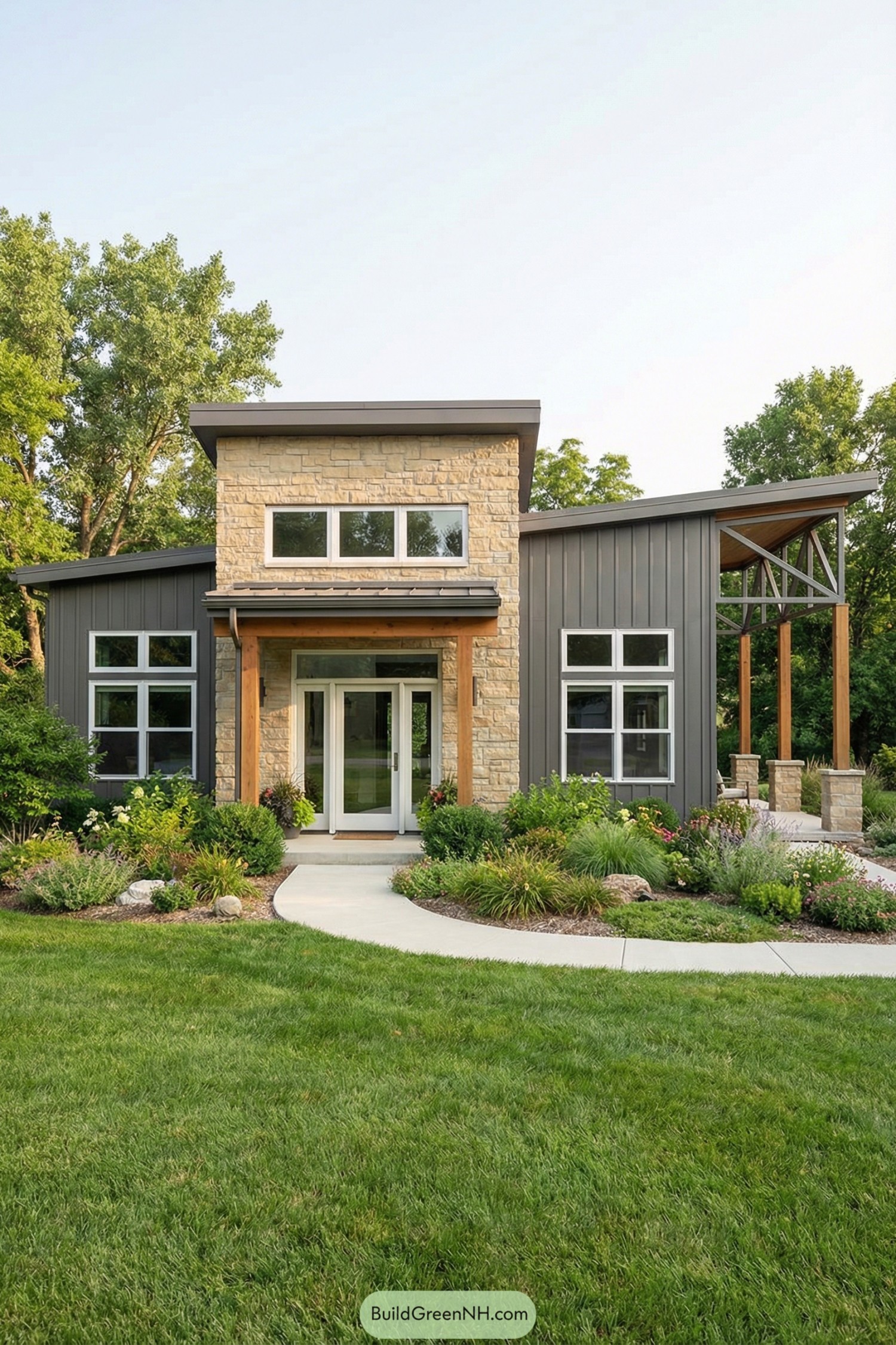 Contemporary cottage with stone facade, metal siding, and lush planted front yard