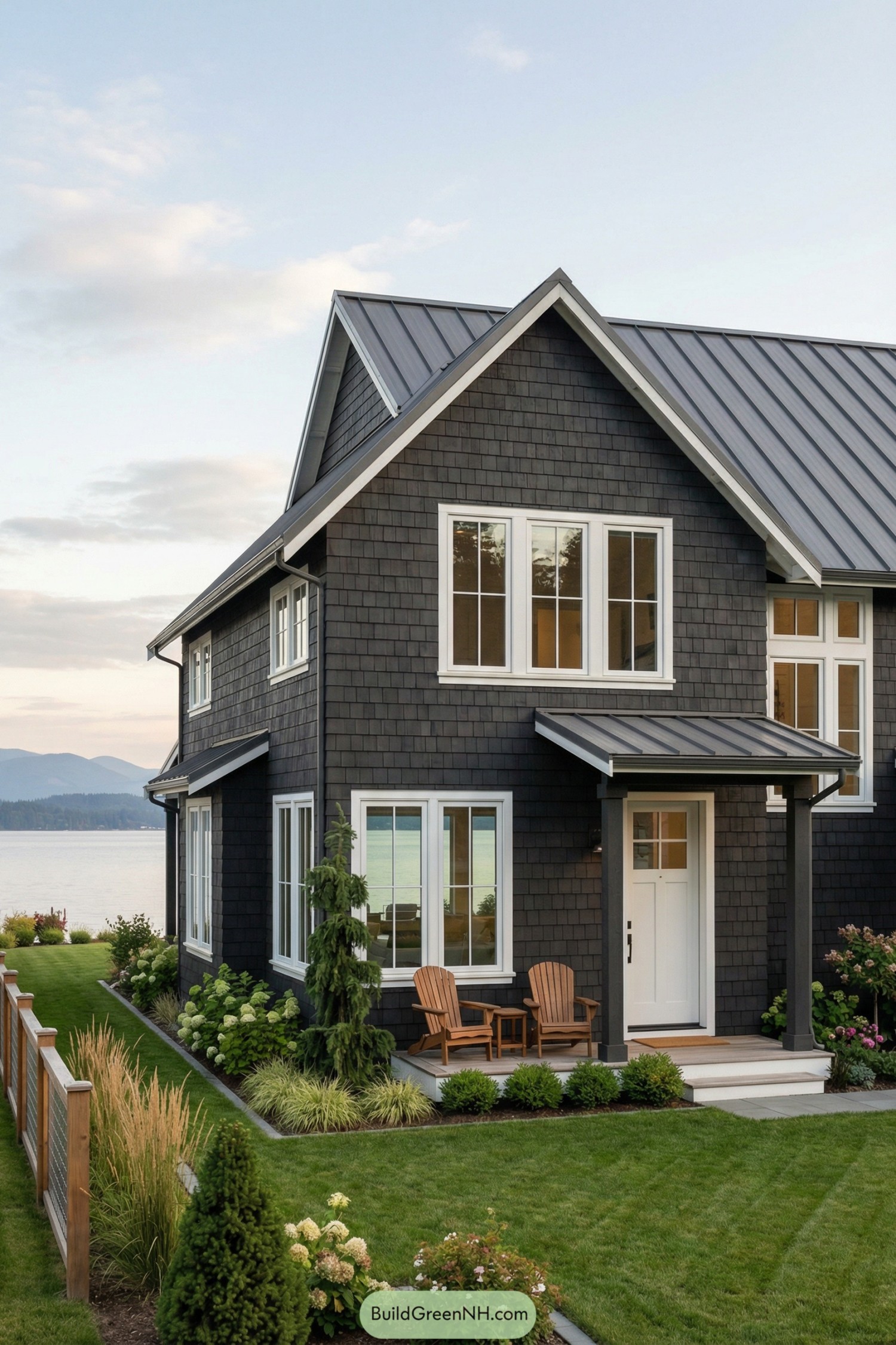Dark shingle cottage with metal roof and lakeside garden
