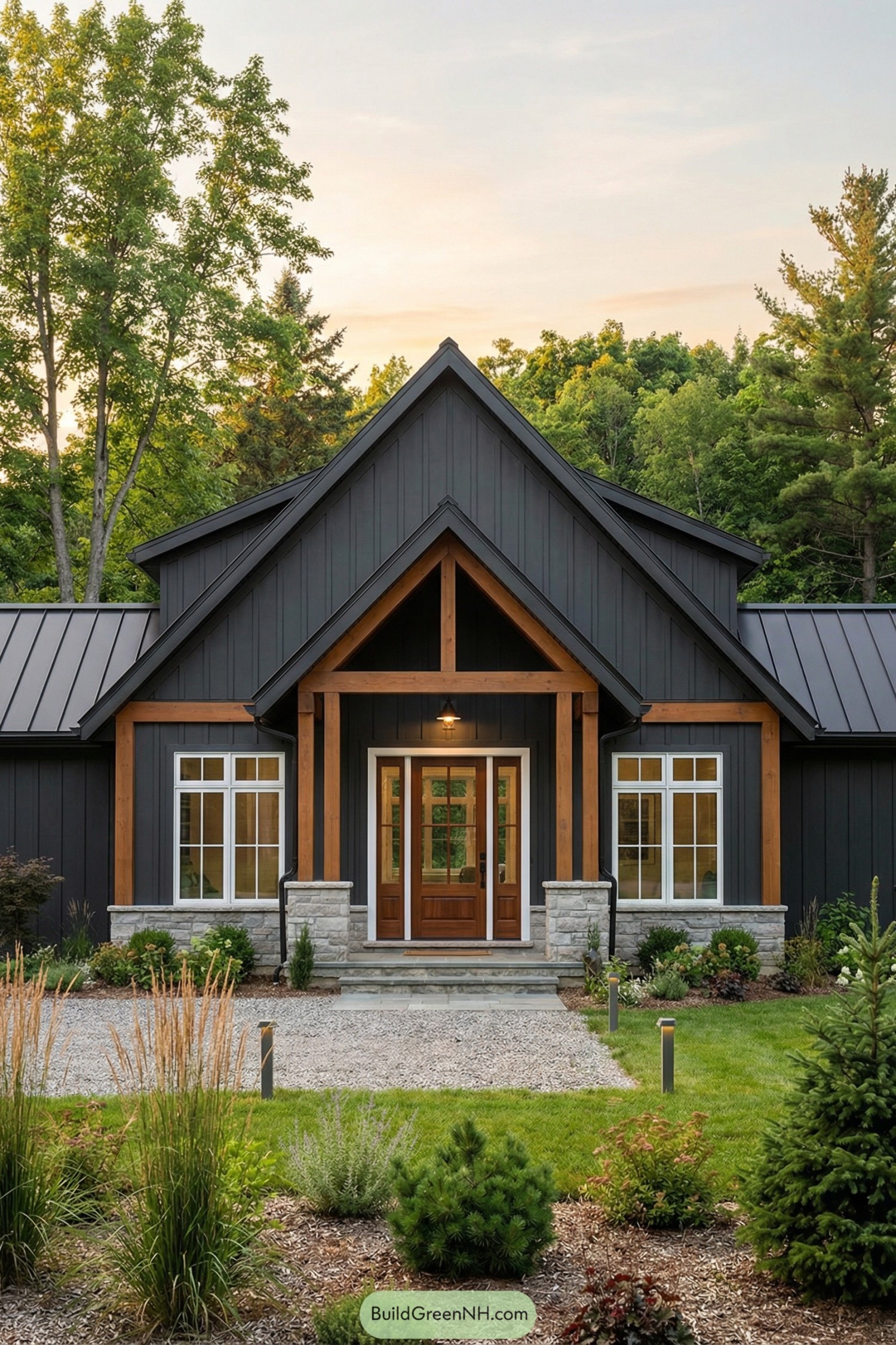 Dark board-and-batten cottage with wood accents and a simple gravel path through lush plantings