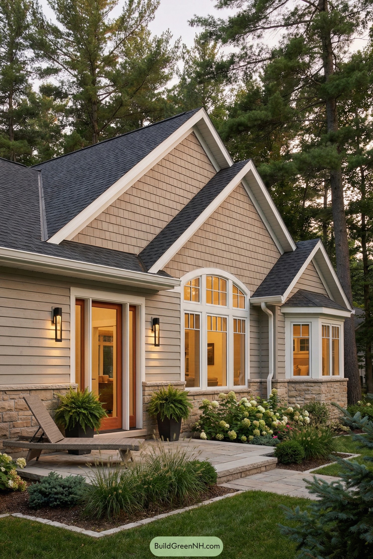 Warm gray cottage with layered gables and lush entry garden