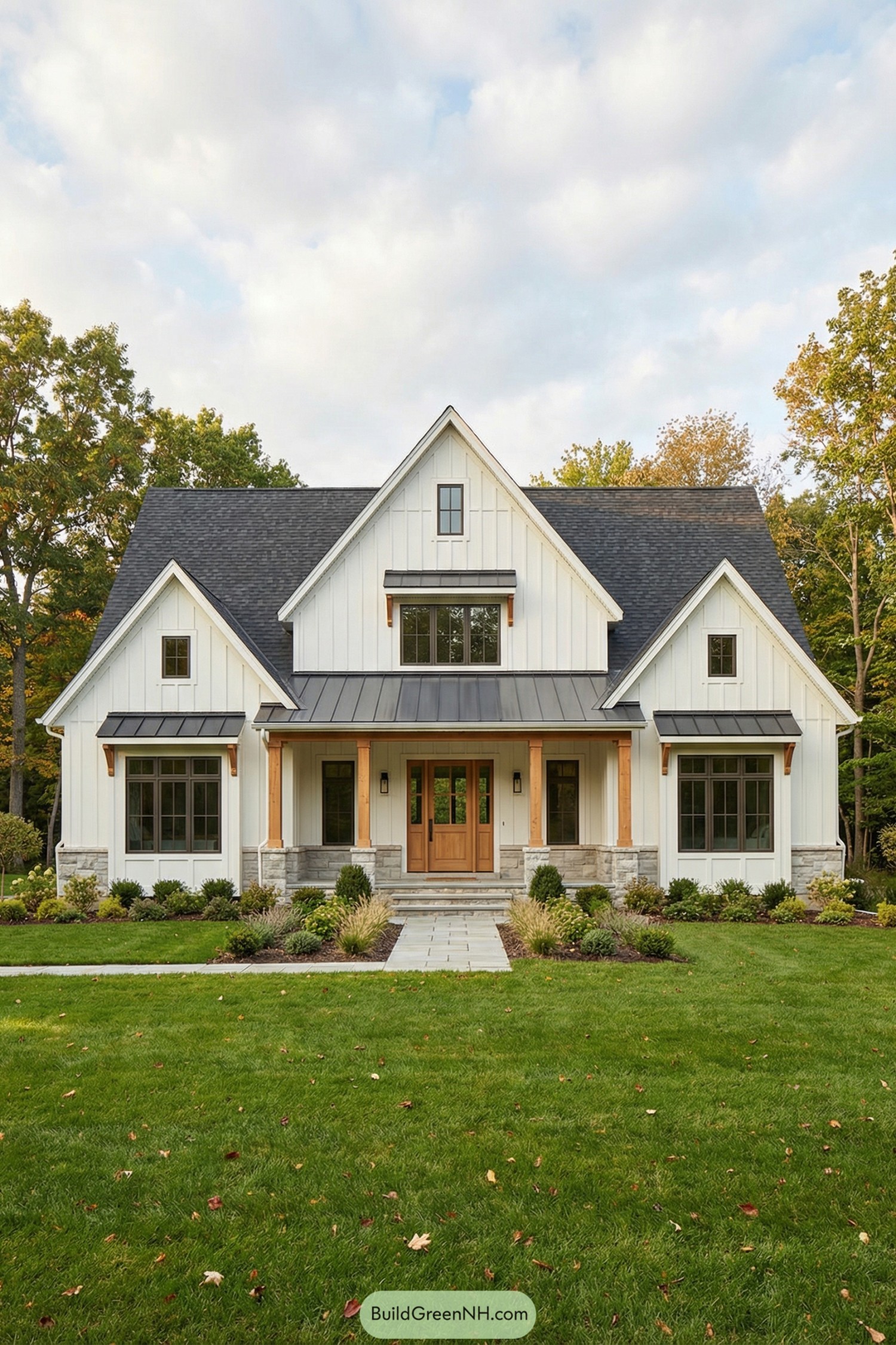 White farmhouse cottage with gabled roof and manicured front garden
