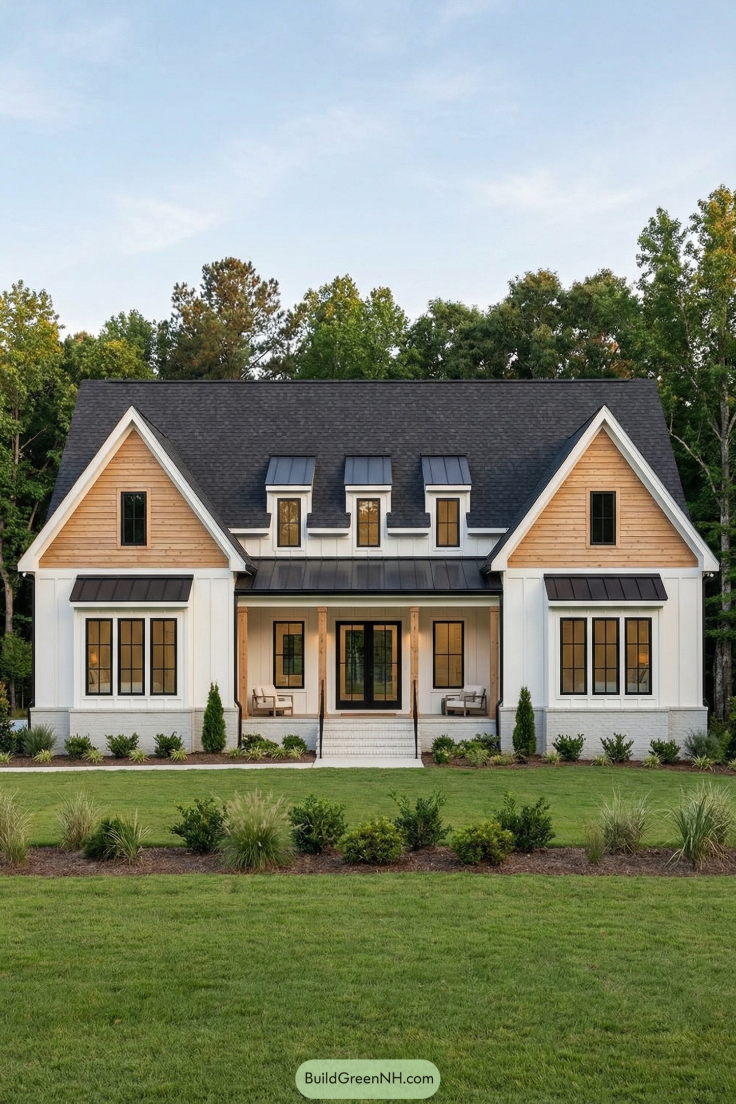 Modern white farmhouse cottage with landscaped front yard