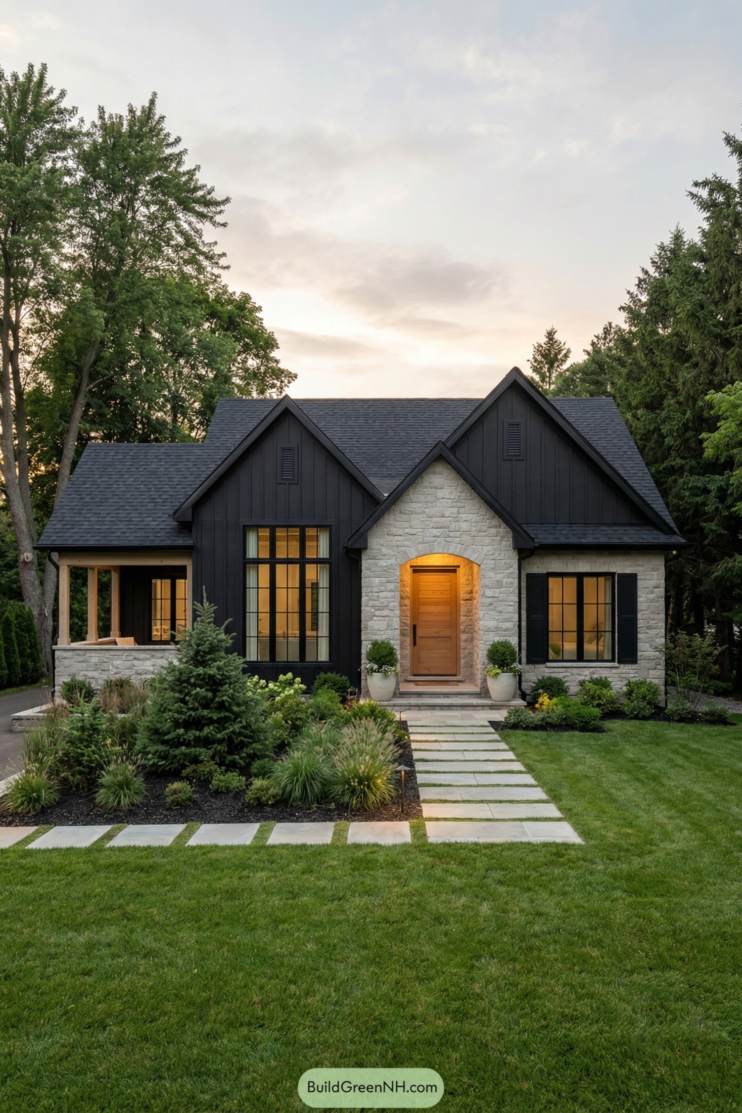 Black board and batten cottage with stone entry, large windows, and structured front garden
