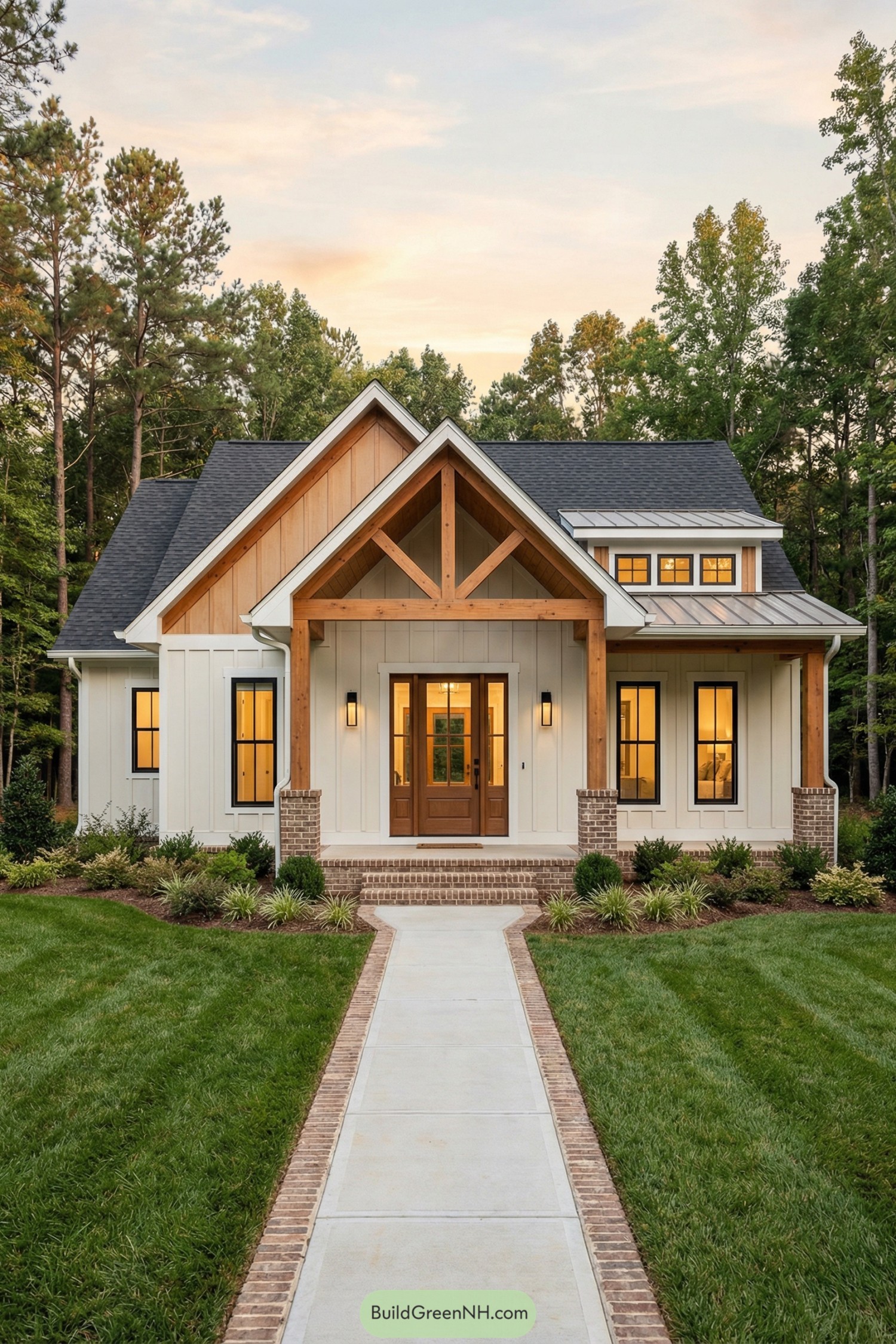 Modern white and wood cottage with gabled porch and manicured front garden