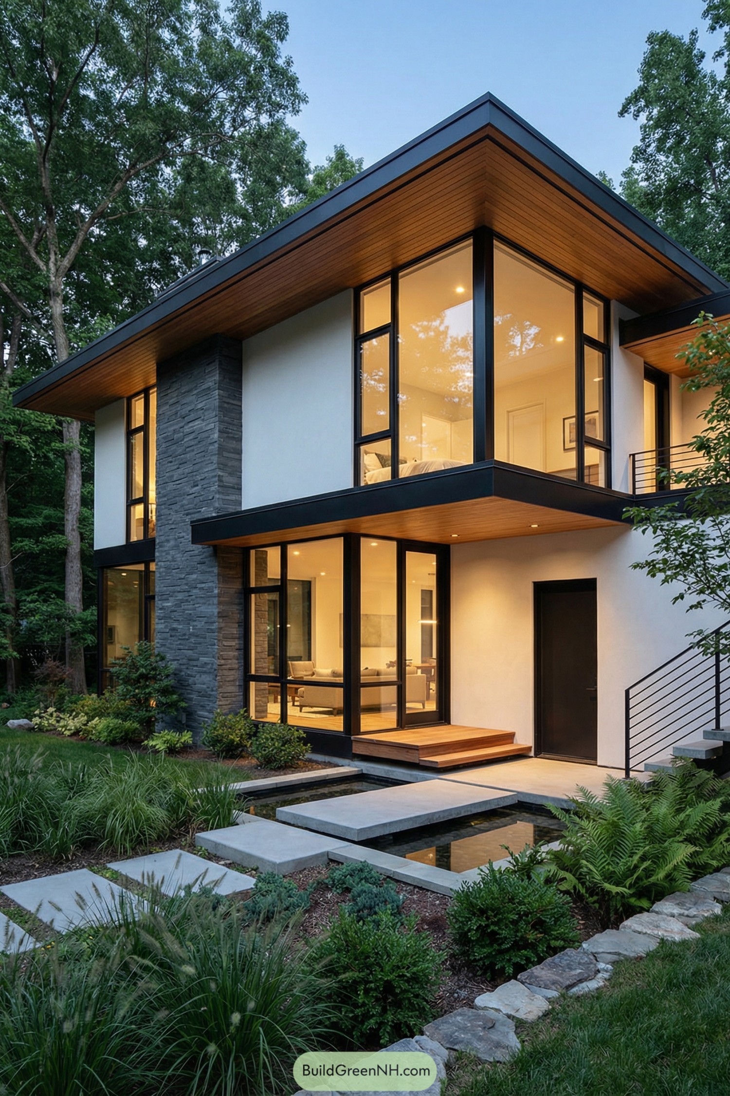 Modern two story cottage with large glass walls overlooking a shallow reflecting pond and lush garden
