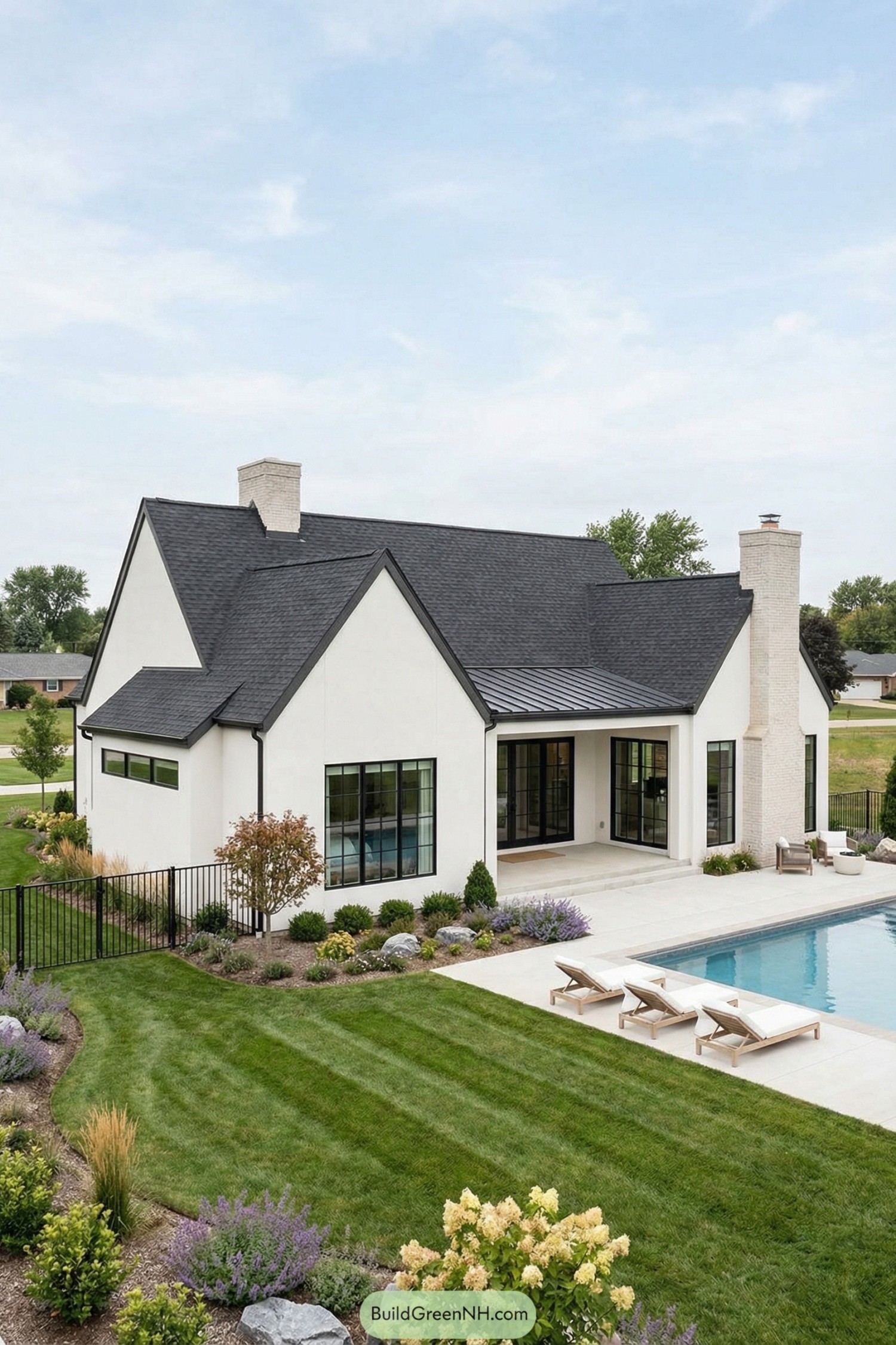 White modern cottage with black roof, large windows, pool, and manicured garden