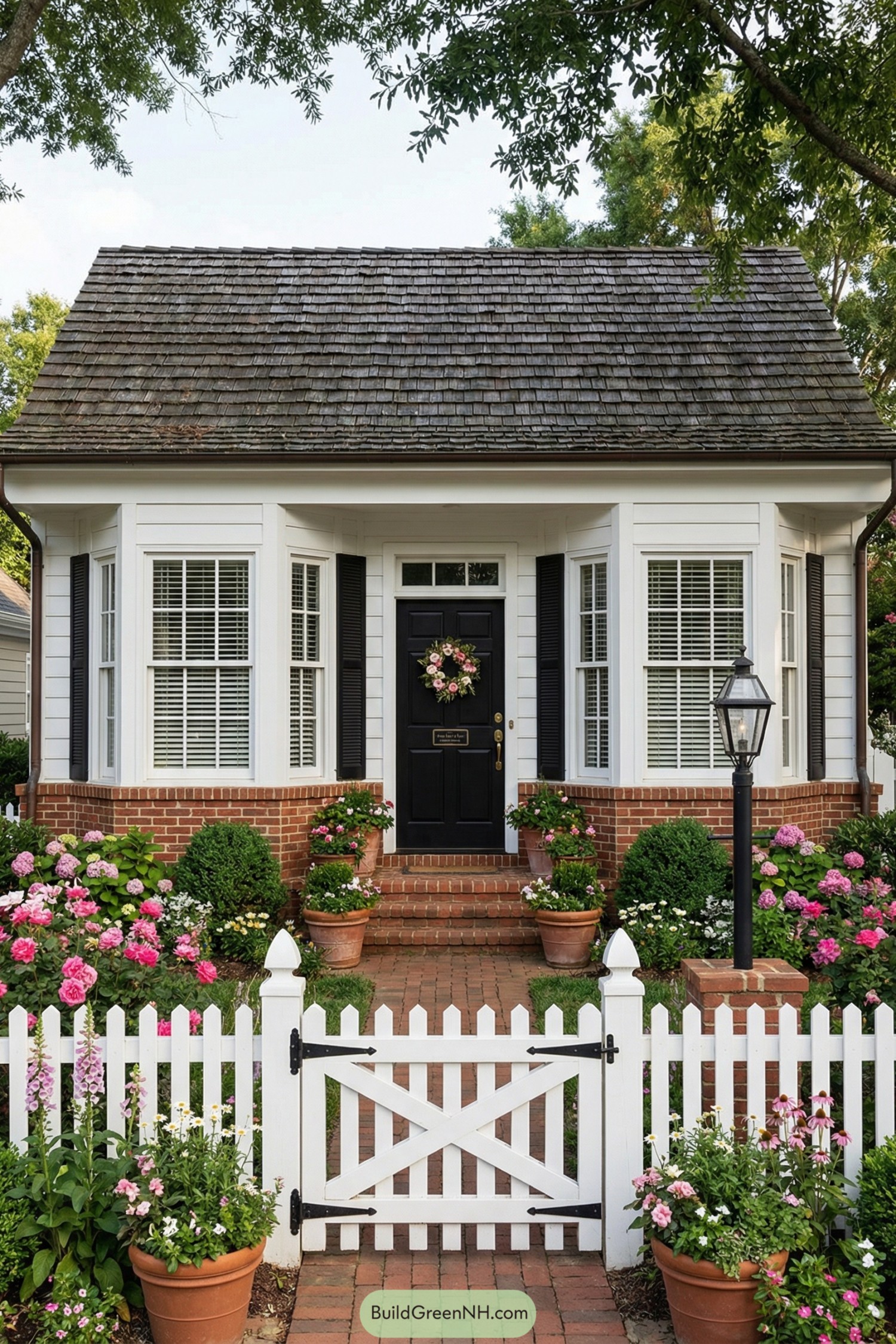 Charming brick cottage with white picket fence and colorful flower garden
