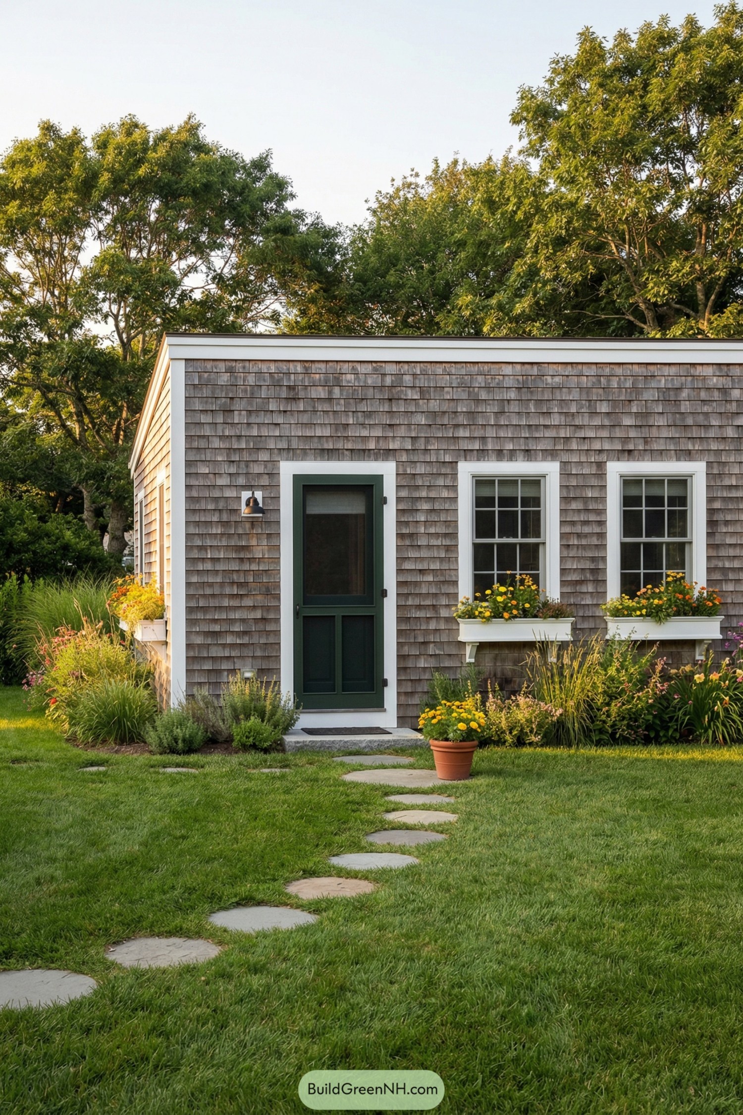 Small shingle cottage with green door and lush flower garden