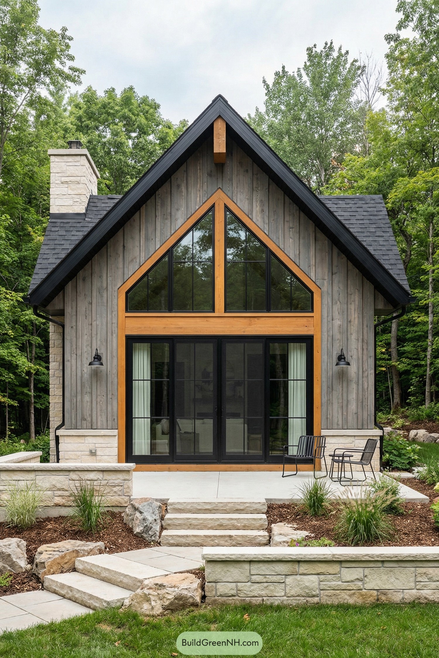 Modern cottage with tall gable façade, large black-framed windows, and stone patio steps surrounded by simple landscaping