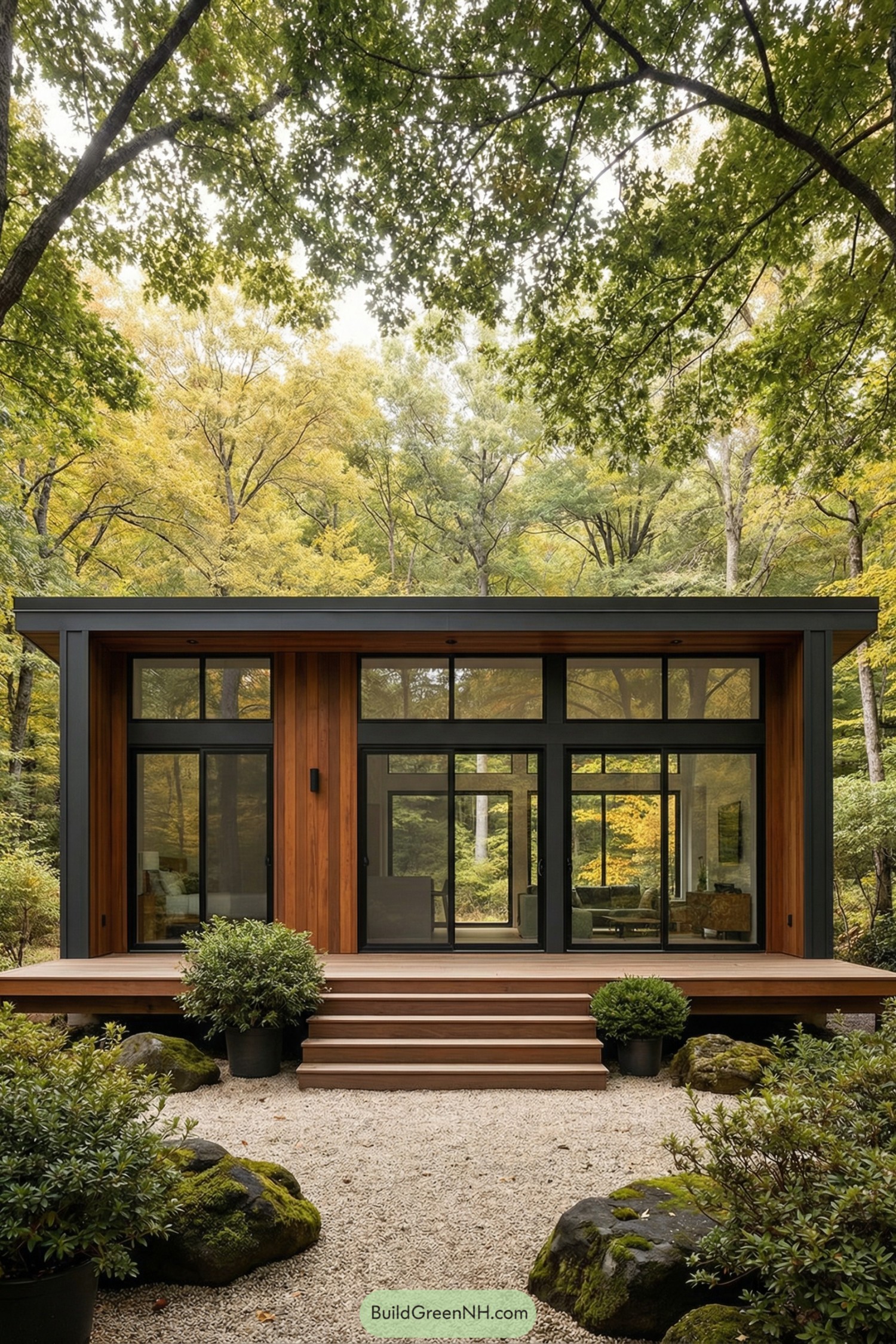 Modern cottage with wood facade and large glass doors opening to a gravel garden in the forest