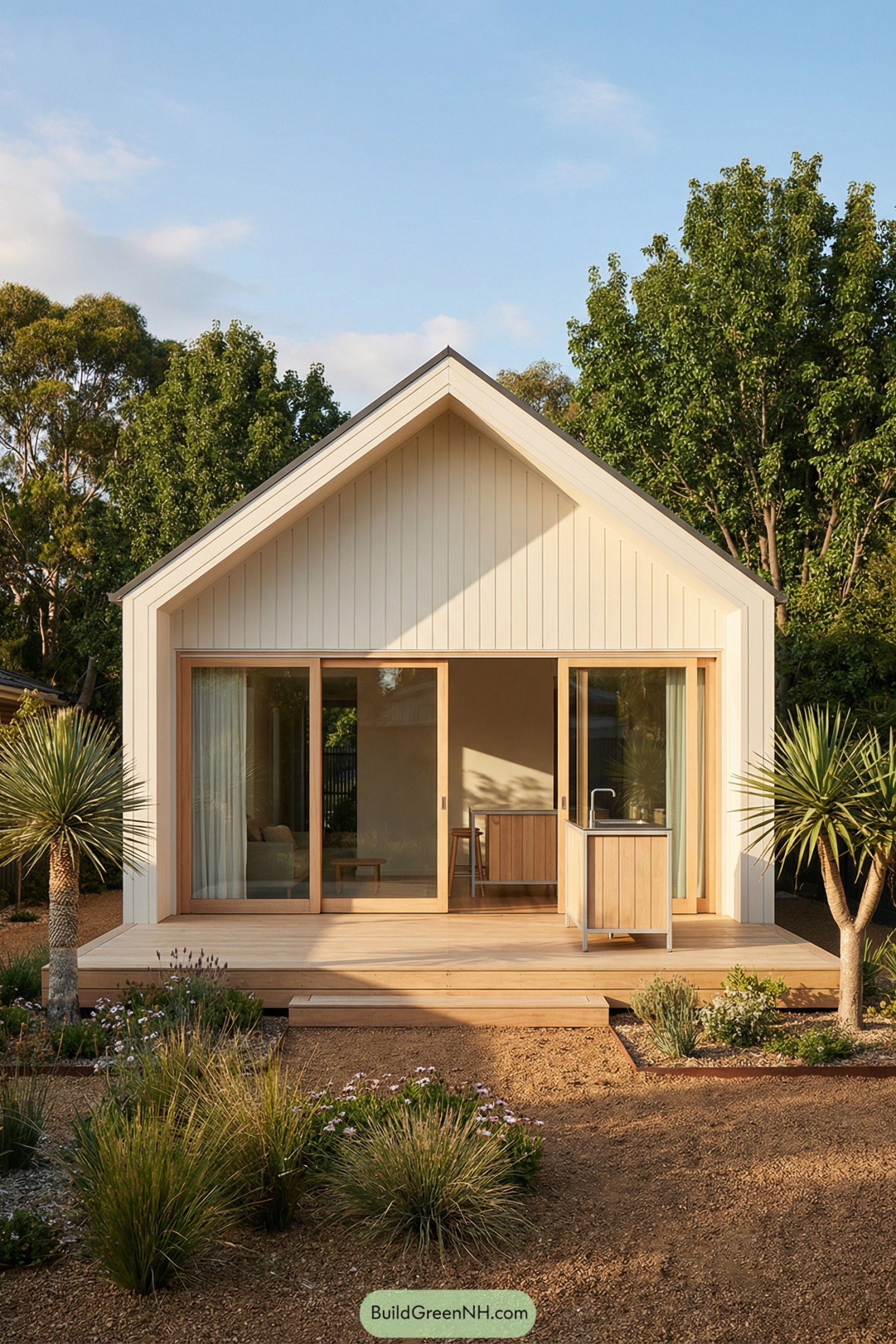 Modern pale wood cottage with sliding glass doors opening to a simple deck and low water garden