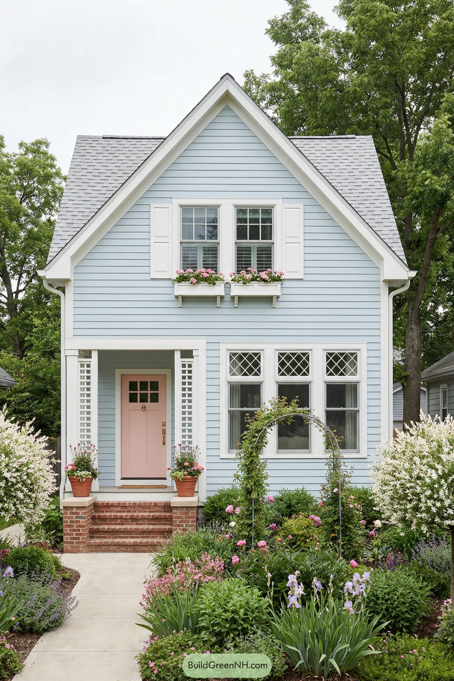 high-res photo of modern cottage exterior with outdoor garden, symmetrical front facade in a compact gabled cottage style, light pastel blue horizontal clapboard siding with crisp white trim, simple rectangular volume with steep front-facing gable and slight eave overhangs, painted timber cladding with fine narrow boards, white wooden corner boards and fascia, asphalt shingle gable roof in light gray with simple ridge line and no visible dormers, white framed windows with divided-light grids: large triptych window at ground level with diamond muntins in the upper sashes, paired casement-style windows above with solid lower sashes and white shutters on both sides, shallow white flower boxes under the upper windows with pink blooms, single front door centered left under a recessed porch, door painted soft pink with small square divided-light window and simple brass hardware, porch framed by white lattice side panels and white posts, narrow brick steps rising to the porch with low brick cheek walls, concrete path curving from bottom foreground lawn to the front steps, terracotta pots with flowering plants flanking the entrance, dense cottage-style garden in the foreground with layered planting beds, bright green lawn strip, mixed perennials and shrubs in various shades of green, tall irises and low groundcovers, two large arching shrubs covered in white blossoms framing the view on both sides, metal garden arch or shepherd’s hook at center with climbing greenery, additional flowering plants in pinks and purples scattered throughout, mature leafy trees surrounding the house, neighboring structure partially visible on left behind foliage, overcast bright sky creating soft diffuse lighting, overall scene lush, colorful, and picture-worthy, single real-life photo, high-resolution, architectural photography, soft lighting, cinematic composition, strictly no collages.