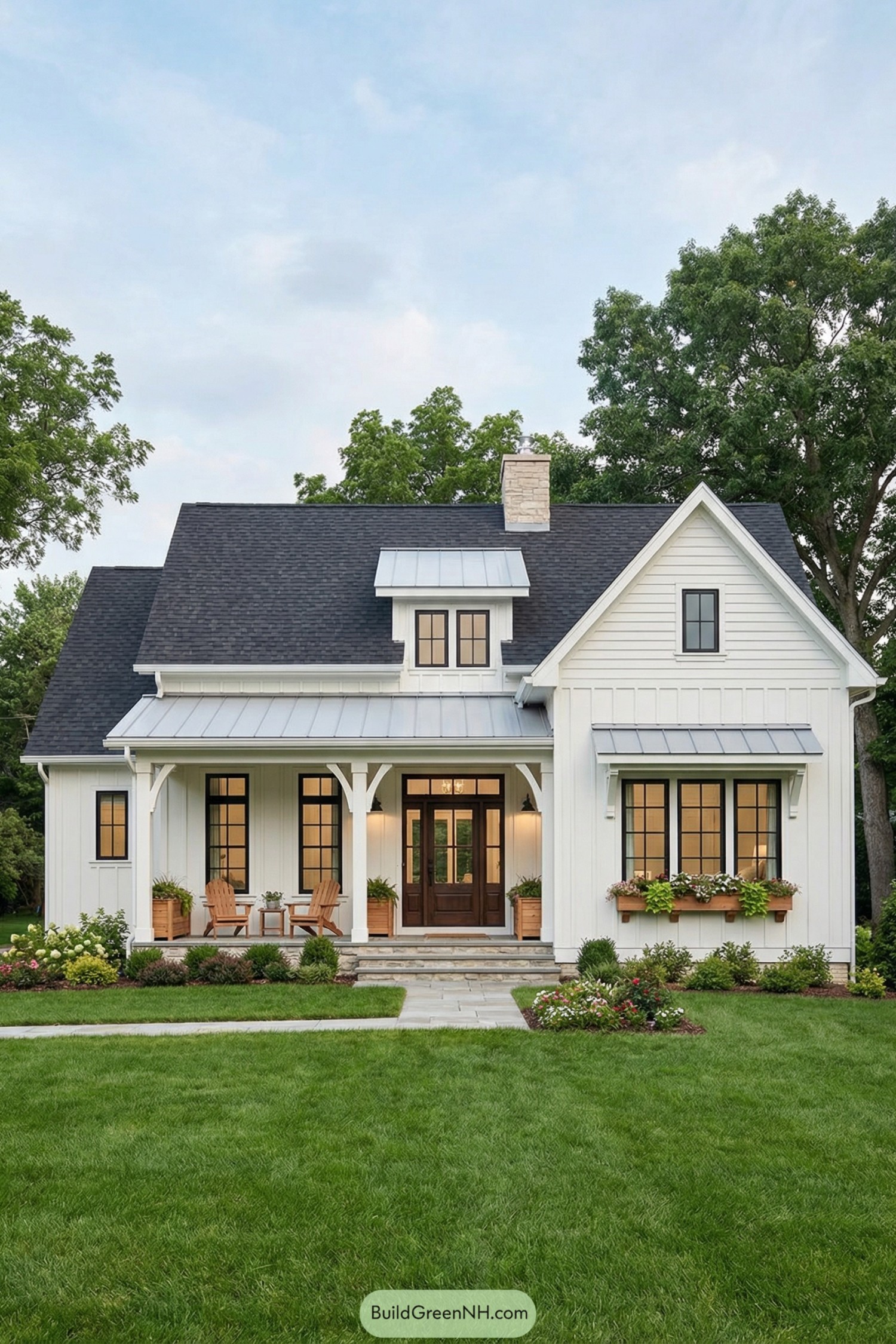 White cottage with welcoming front porch and lush green lawn