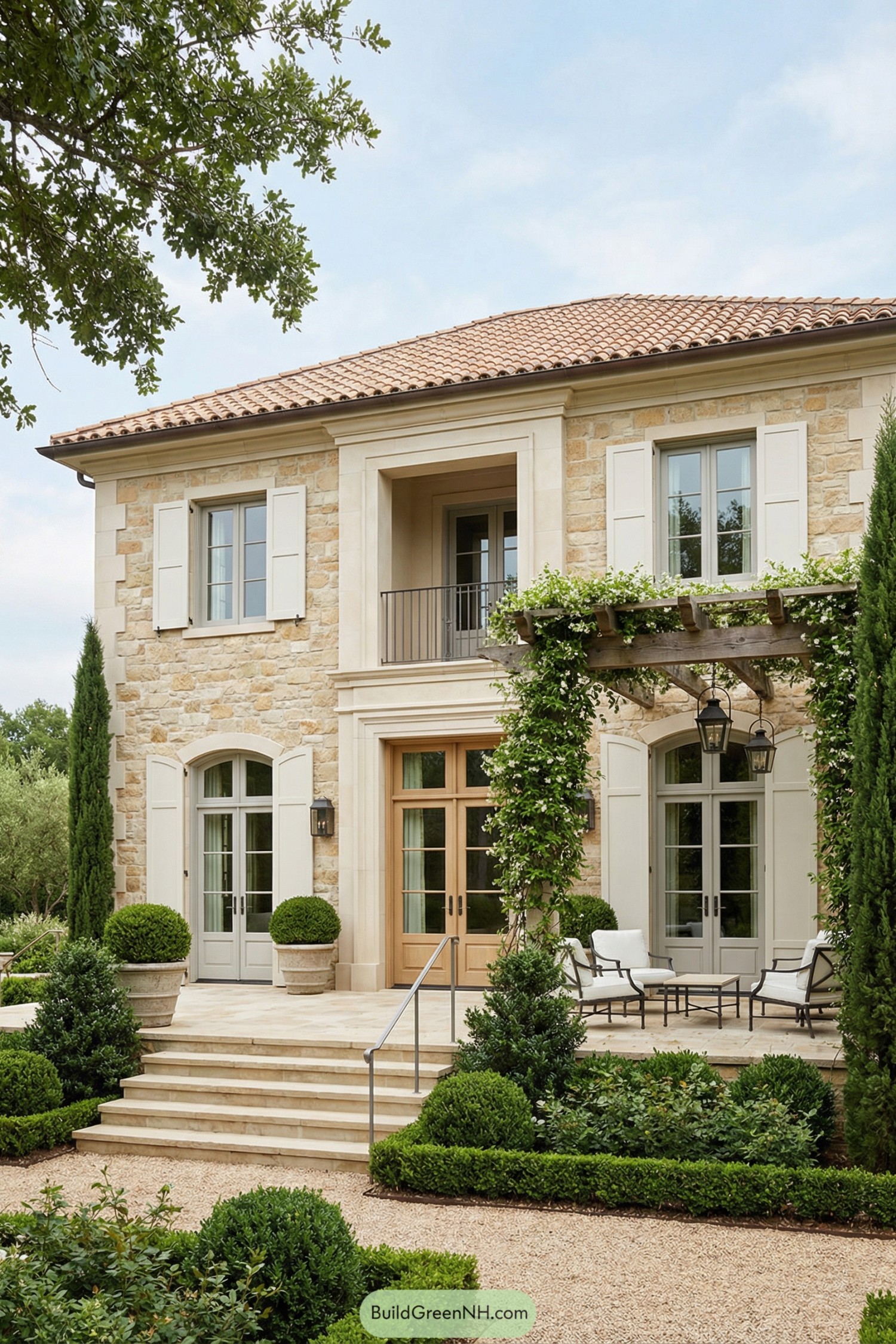 Elegant stone cottage with pergola and lush garden seating