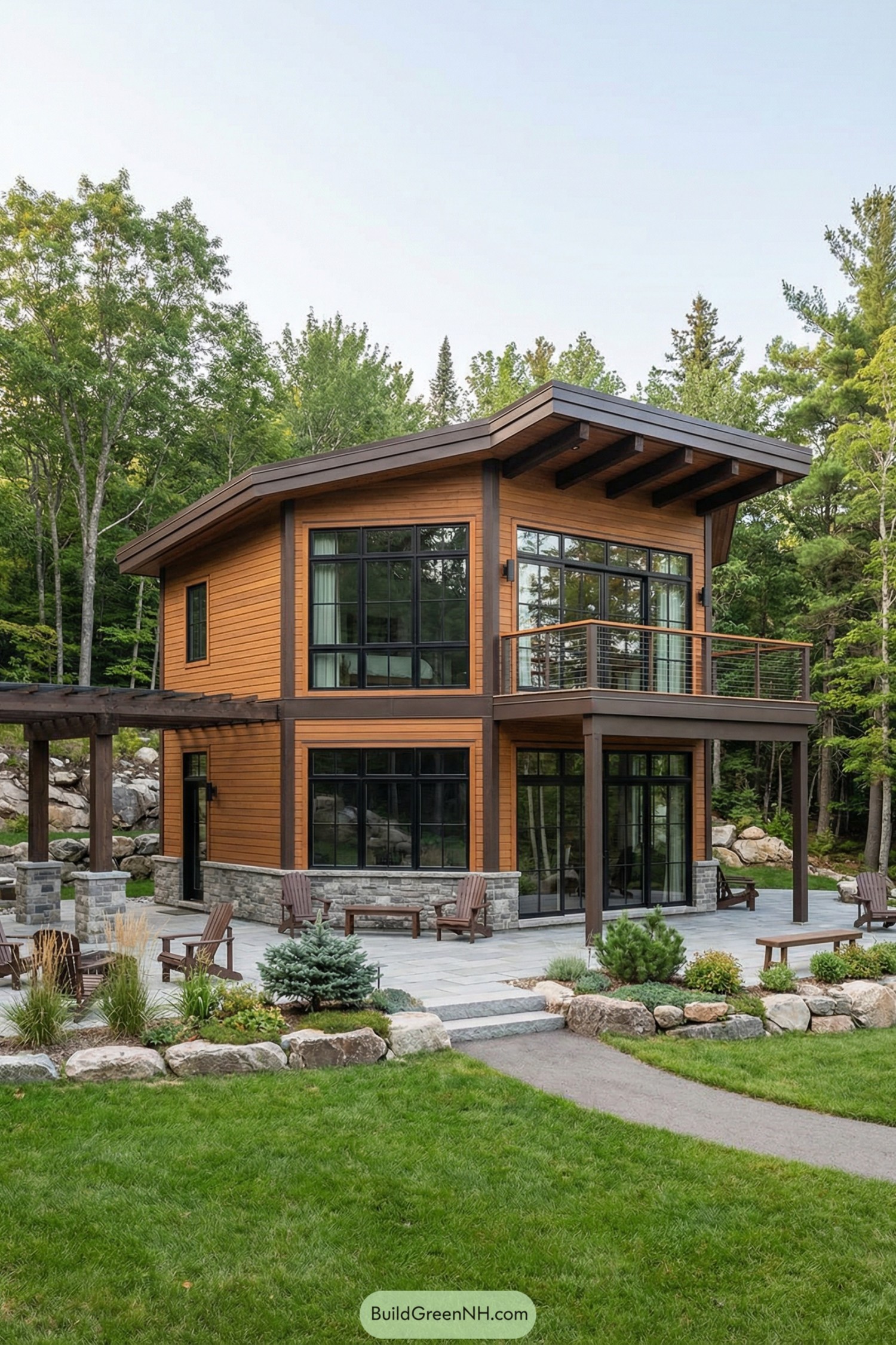 Modern two story wood and glass cottage with stone base, pergola, and landscaped garden seating
