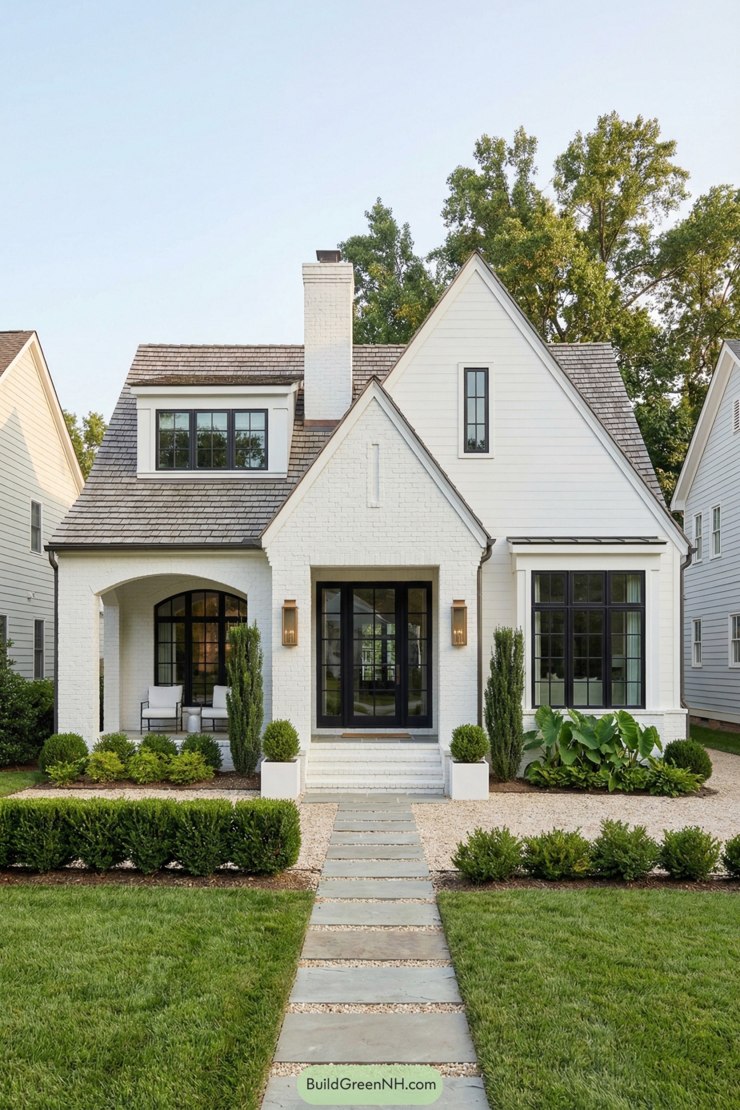 White painted cottage with black windows and neatly trimmed front garden