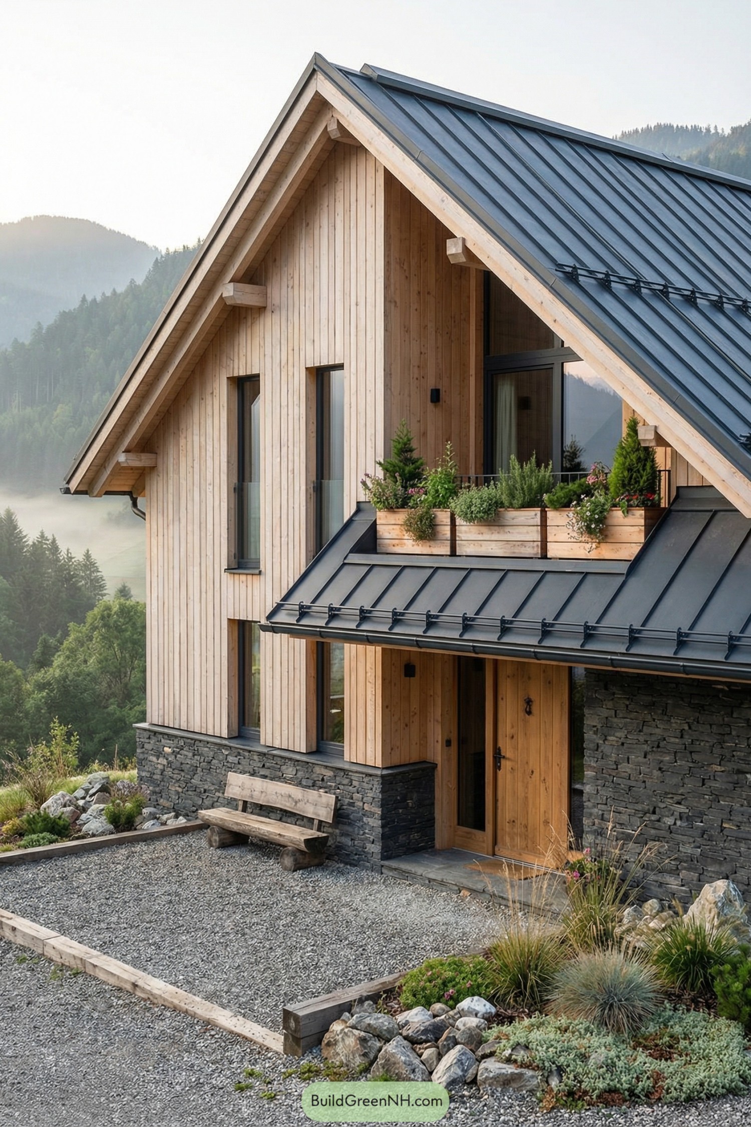 Modern wooden cottage with stone base, metal roof, and small planted balcony
