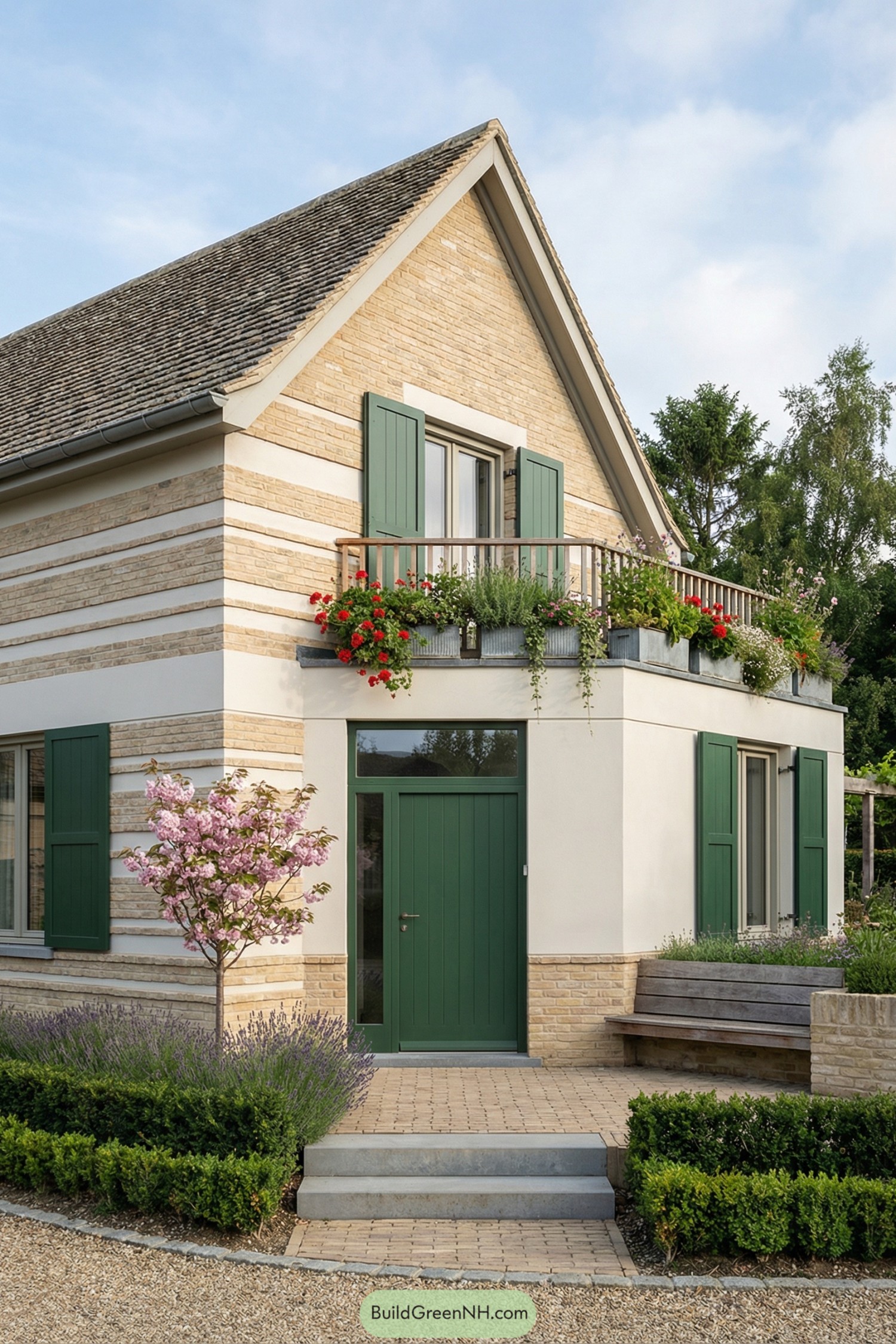 Two story cottage with balcony planters and green shutters